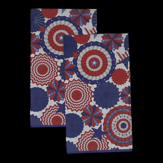 
Two guest size decoupage napkins featuring bold overlapping patriotic pinwheel rosettes and medallions in deep navy blue red and white with scattered stars and chevron details set of 2
