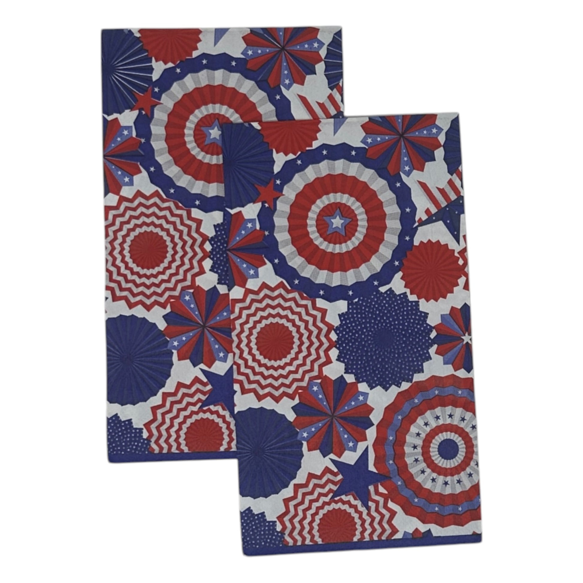 
Two guest size decoupage napkins featuring bold overlapping patriotic pinwheel rosettes and medallions in deep navy blue red and white with scattered stars and chevron details set of 2
