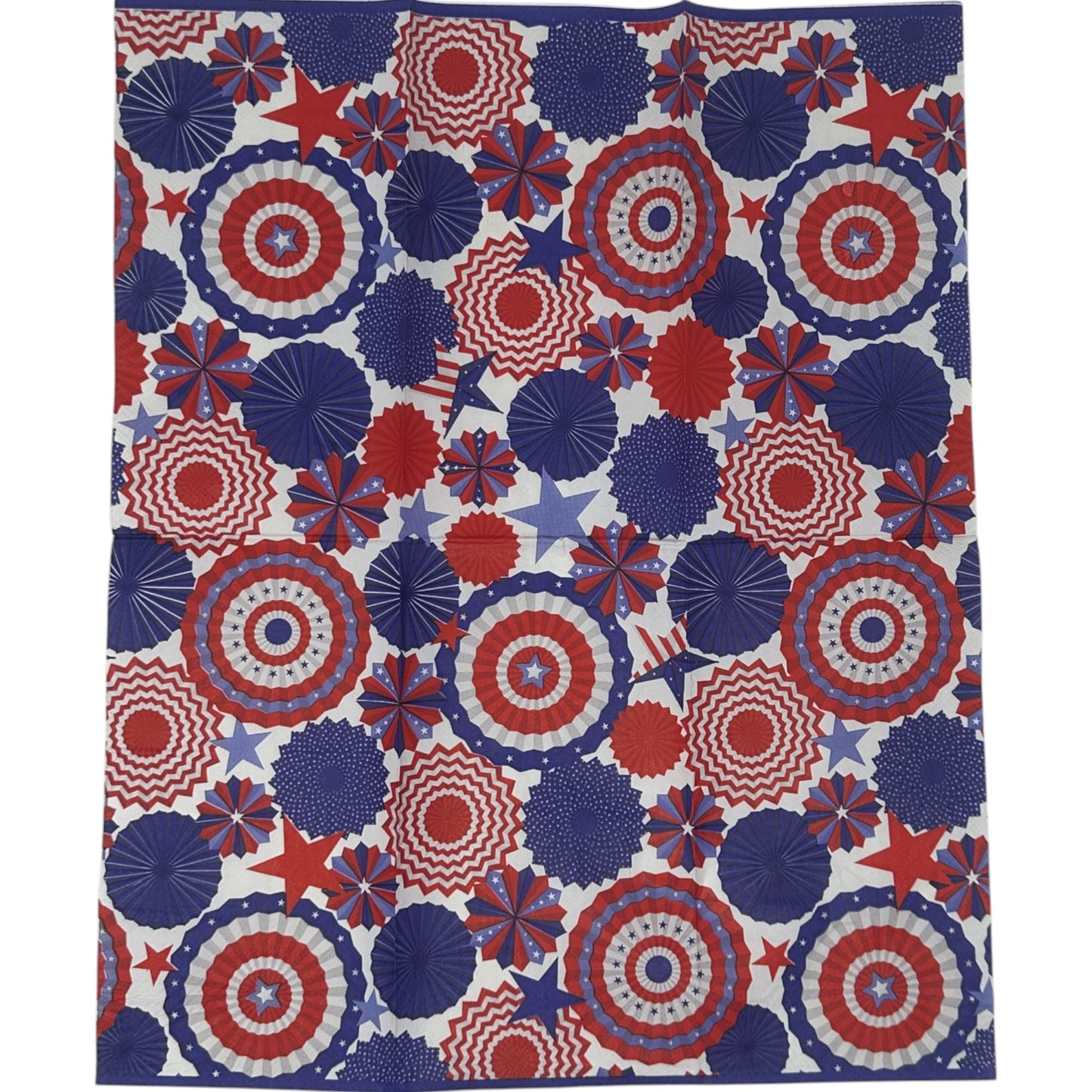 
Two guest size decoupage napkins featuring bold overlapping patriotic pinwheel rosettes and medallions in deep navy blue red and white with scattered stars and chevron details set of 2
