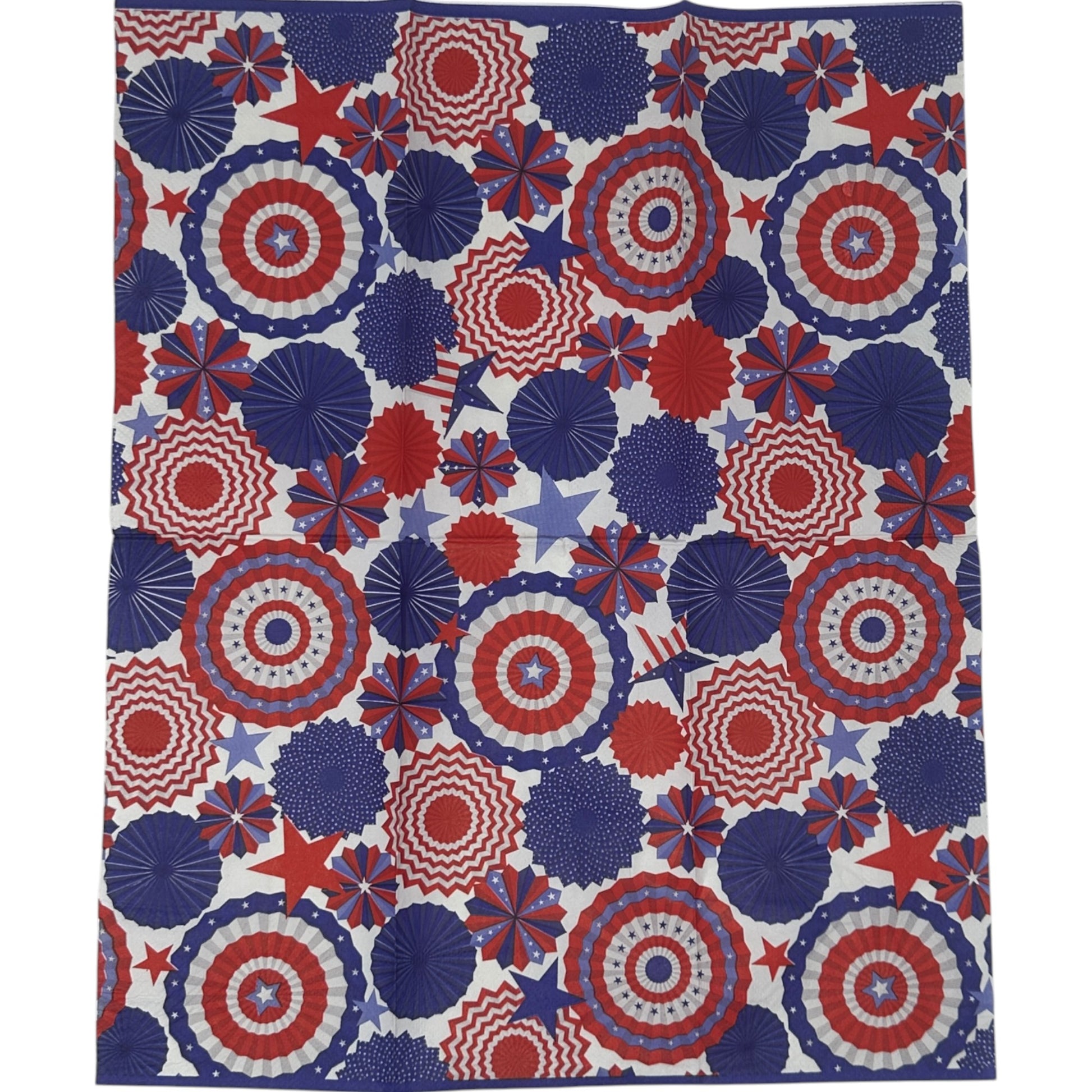 
Two guest size decoupage napkins featuring bold overlapping patriotic pinwheel rosettes and medallions in deep navy blue red and white with scattered stars and chevron details set of 2
