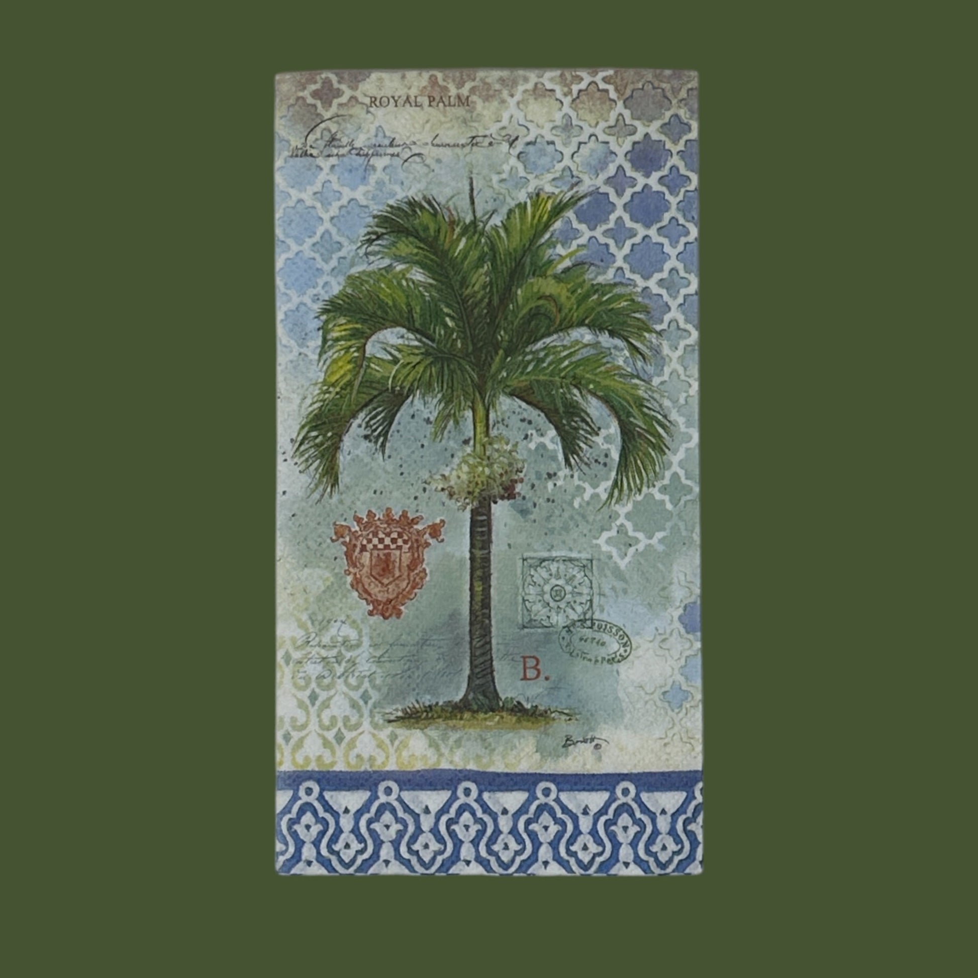 Royal palm cocktail size decoupage napkin with green tropical palm leaf design displayed unfolded