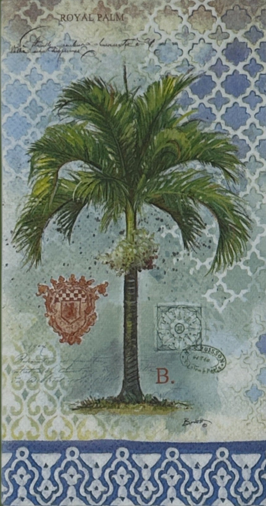 paper napkin with a palm tree and geometric patterns in the background