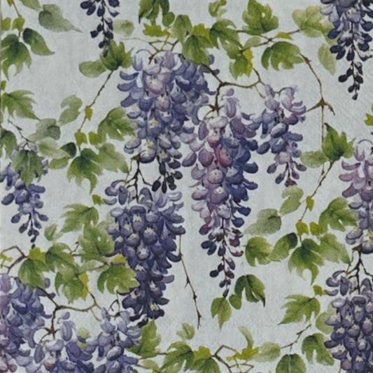 Pattern of purple wisteria flowers and green leaves on a light background