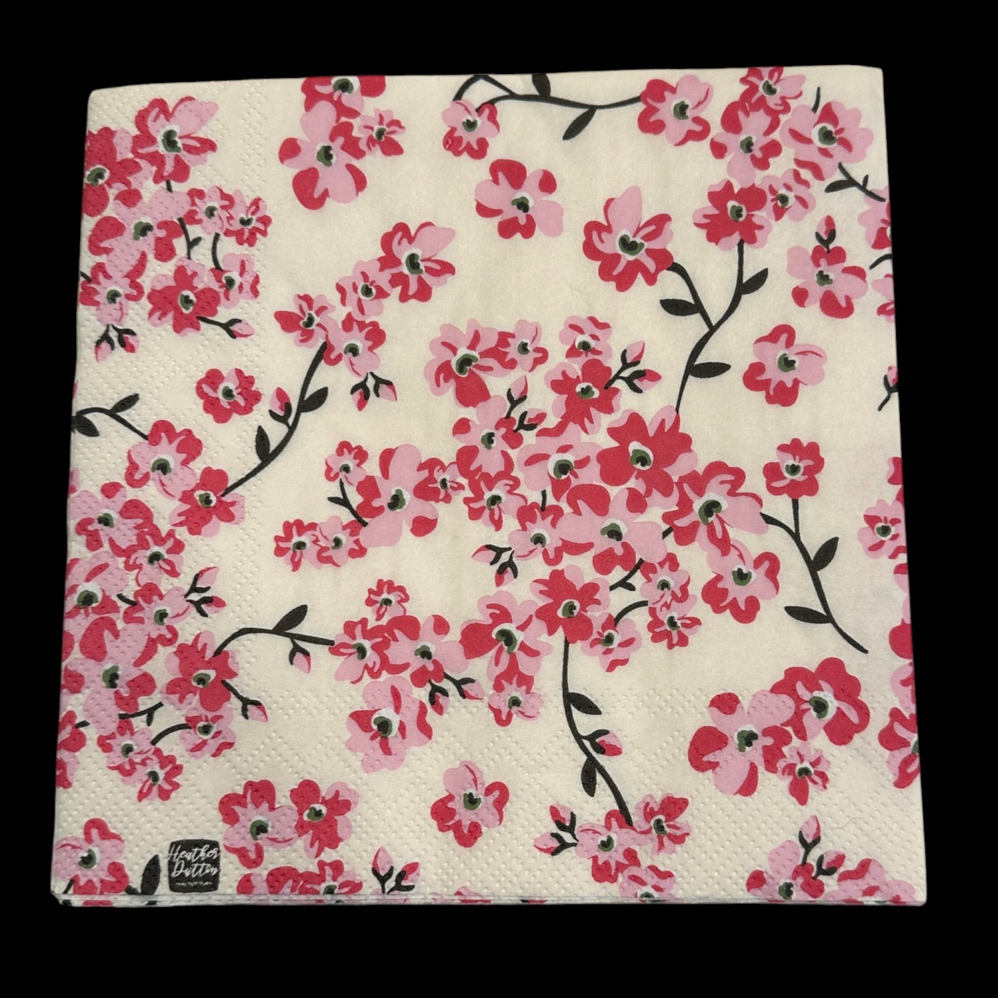 Luncheon size decoupage napkin with pink cherry blossom flowers and black branches on a white background, ideal for spring floral craft projects.