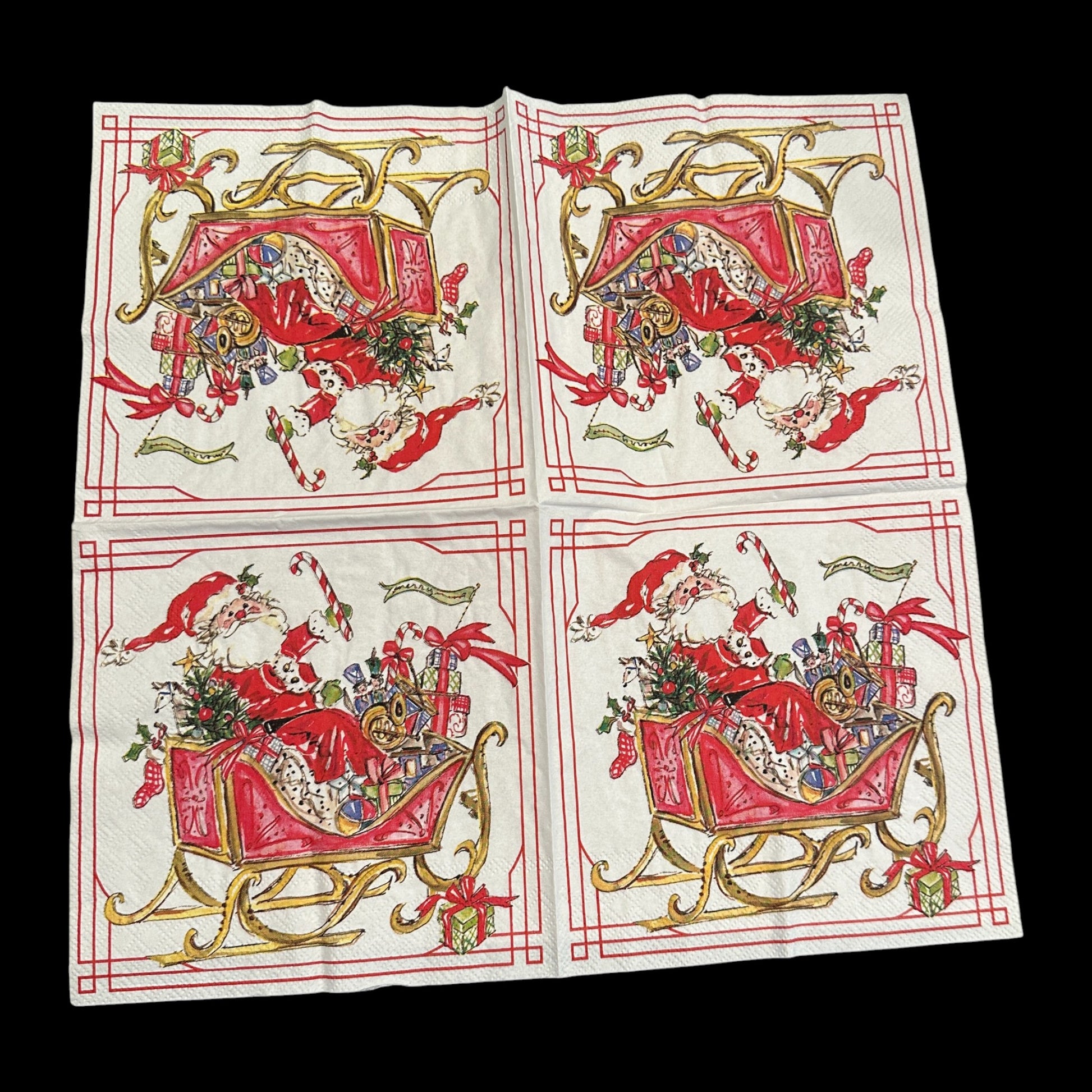 Unfolded Luncheon size decoupage napkin featuring Santa Claus in a red sleigh filled with gifts, candy canes, and holly, bordered in red and gold for Christmas crafts.