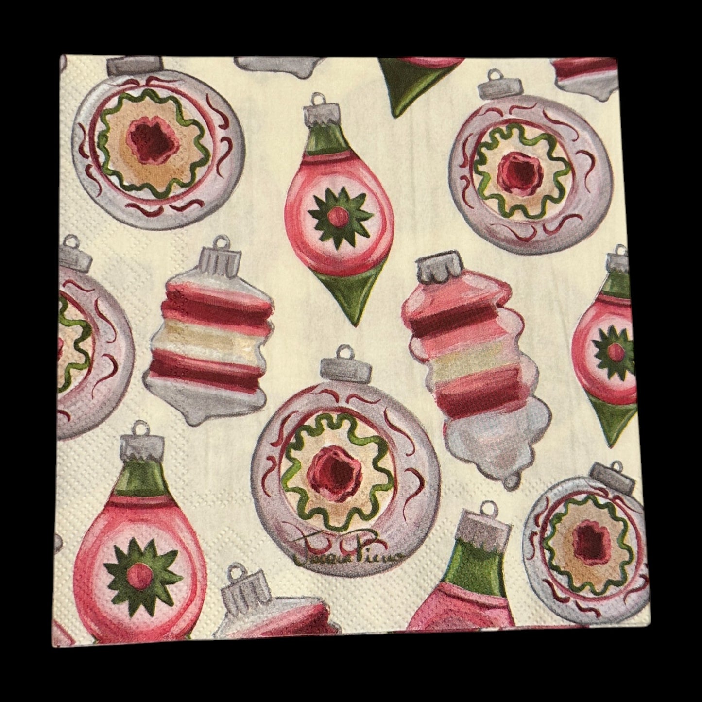 Luncheon size decoupage napkin featuring red, green, and white vintage glass ornaments with retro holiday designs for Christmas crafts and decor.