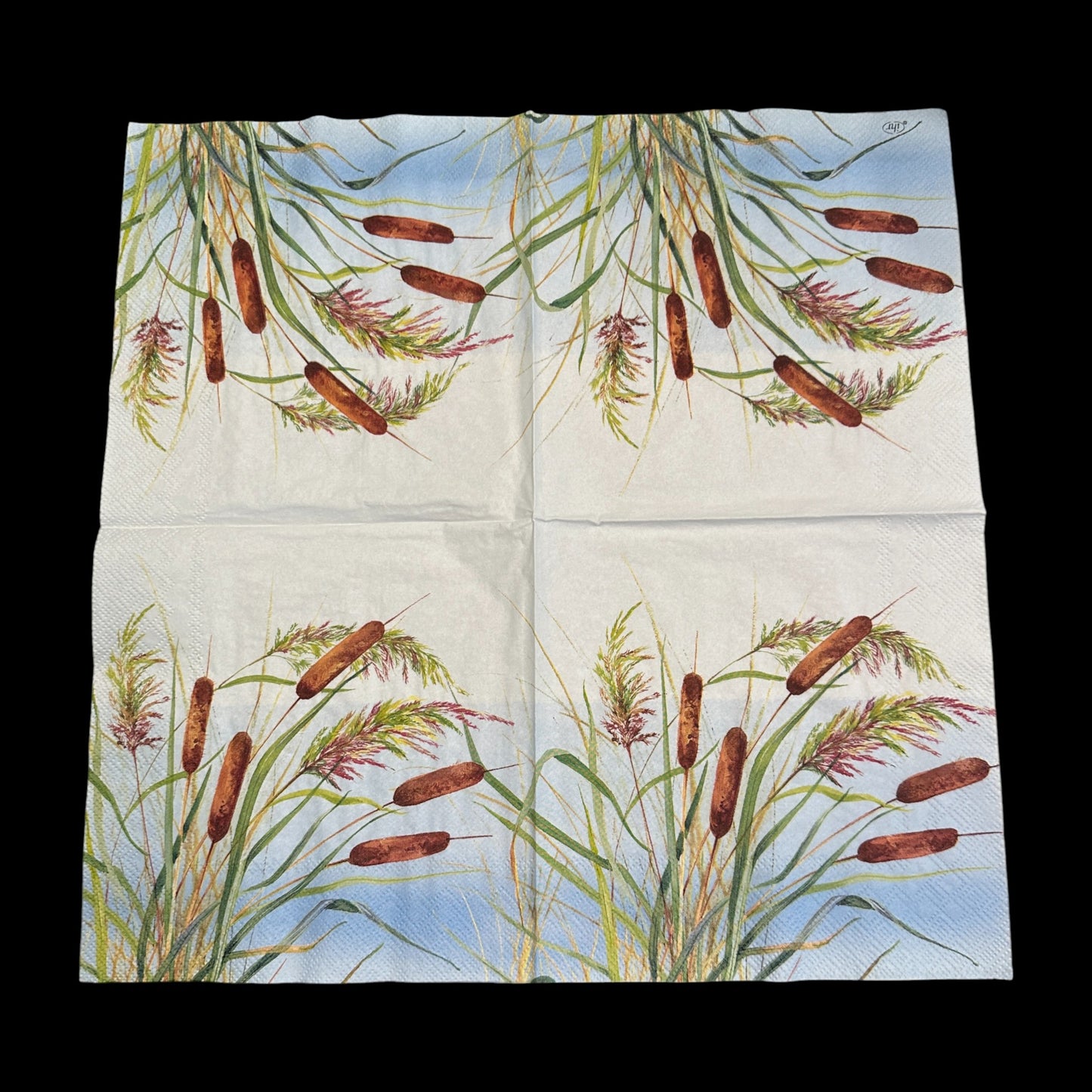 Unfolded Luncheon size decoupage napkin featuring watercolor reeds and cattails in shades of green, brown, and purple on a blue sky background for nature crafts.