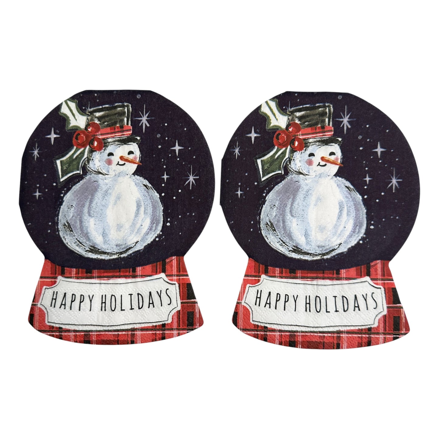 Two Shaped decoupage napkin featuring a smiling snowman in a snowglobe with a red plaid base and “Happy Holidays” text for Christmas crafts and decor.