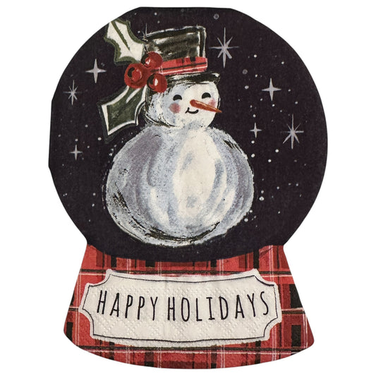 Shaped decoupage napkin featuring a smiling snowman in a snowglobe with a red plaid base and “Happy Holidays” text for Christmas crafts and decor.