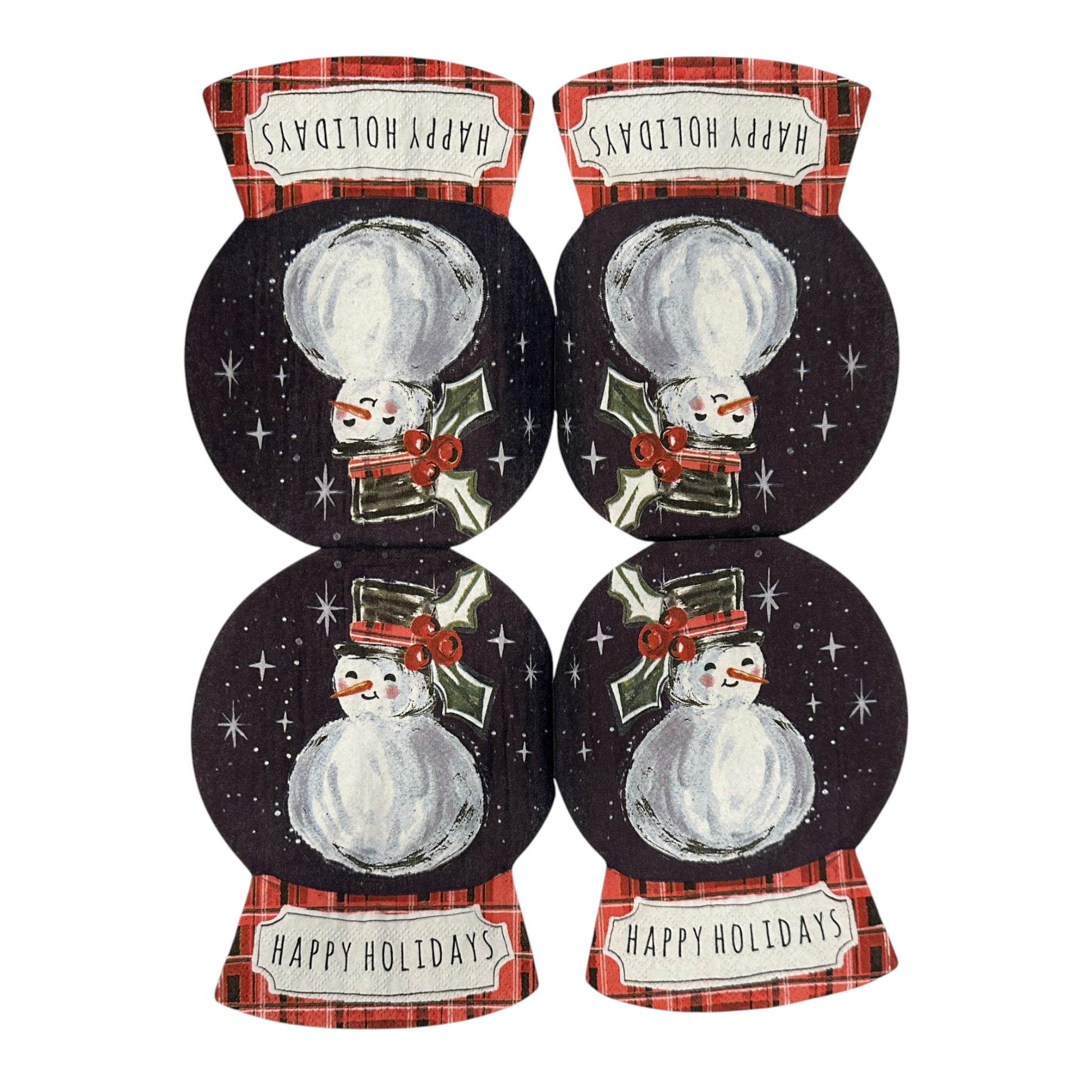 Unfolded Shaped decoupage napkin featuring a smiling snowman in a snowglobe with a red plaid base and “Happy Holidays” text for Christmas crafts and decor.