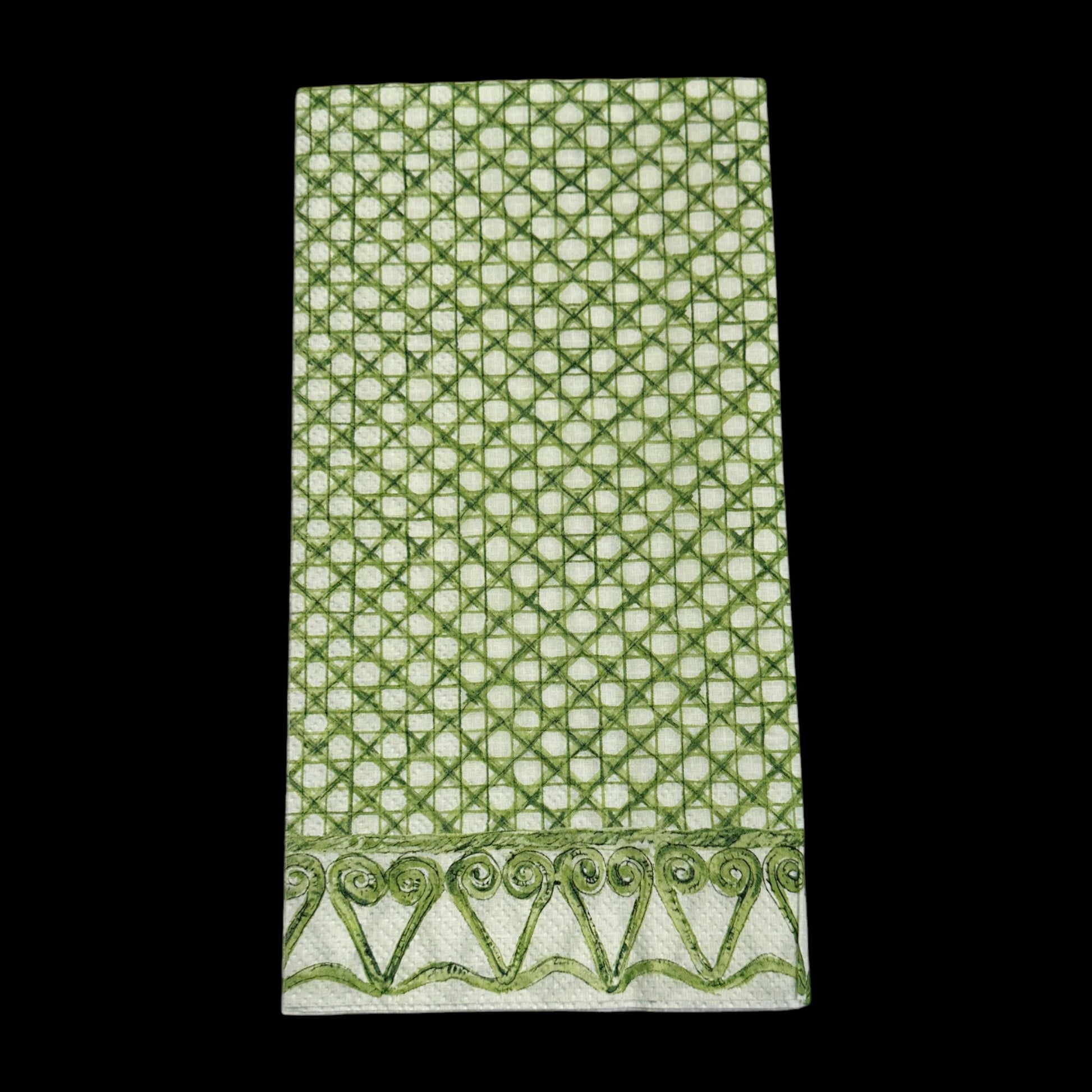 Guest size decoupage napkin featuring a green woven cane lattice design with scroll border for botanical crafts, nature decor, and mixed media projects.