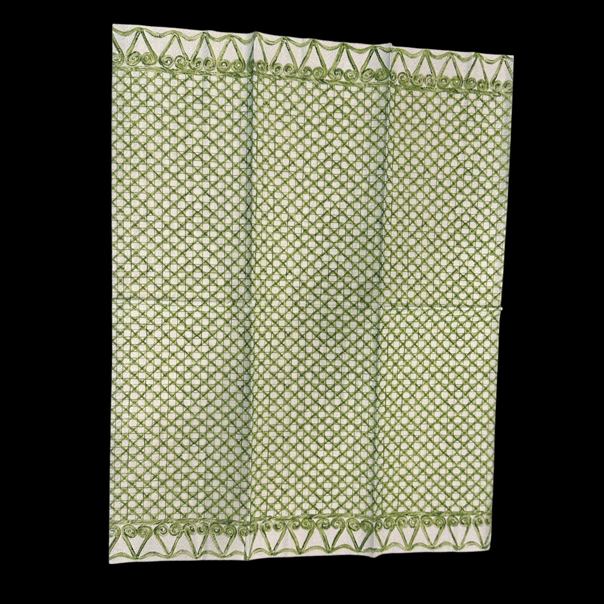 Unfolded Guest size decoupage napkin featuring a green woven cane lattice design with scroll border for botanical crafts, nature decor, and mixed media projects.