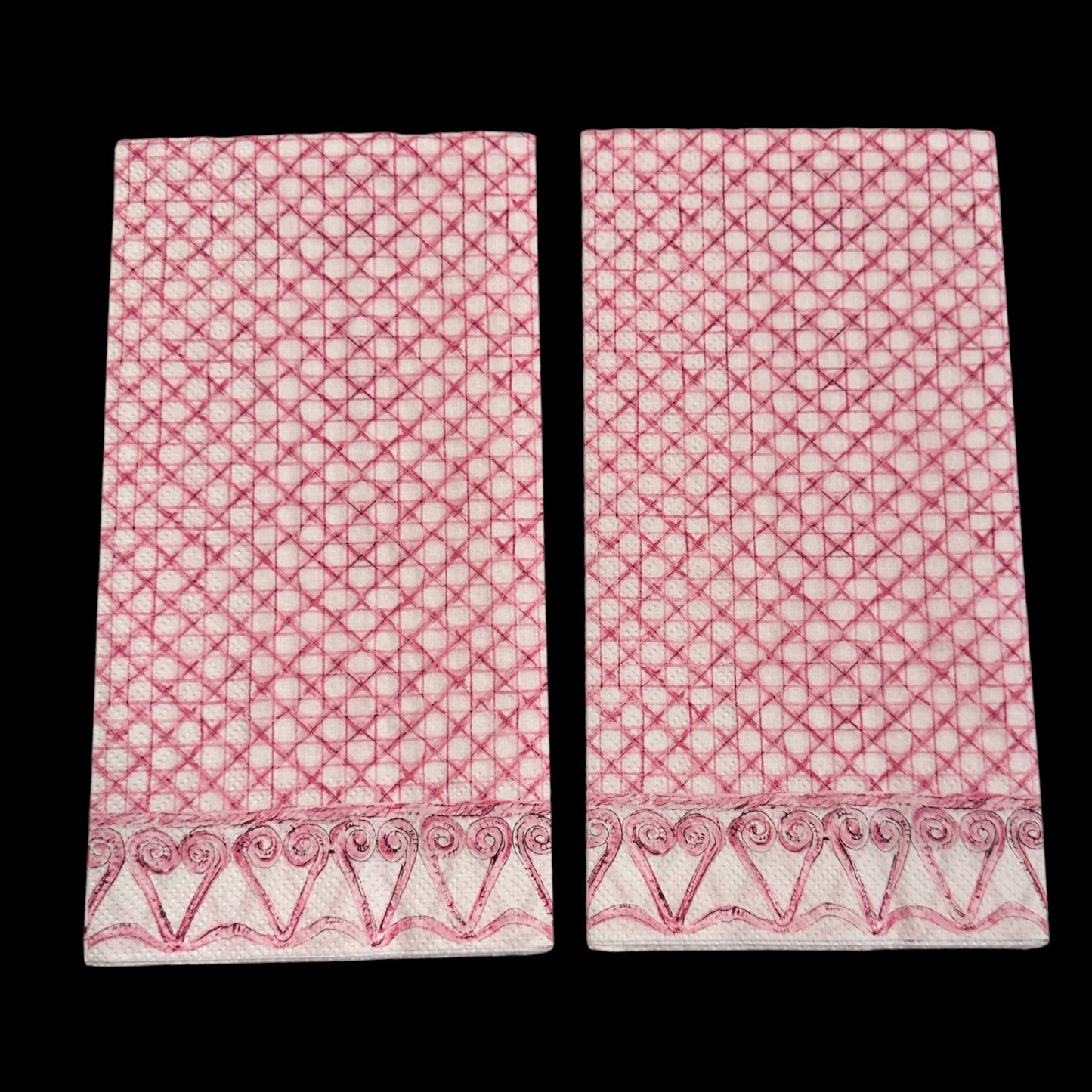 Two Guest size decoupage napkin featuring a pink woven cane lattice design with heart scroll border for modern botanical crafts and journals.