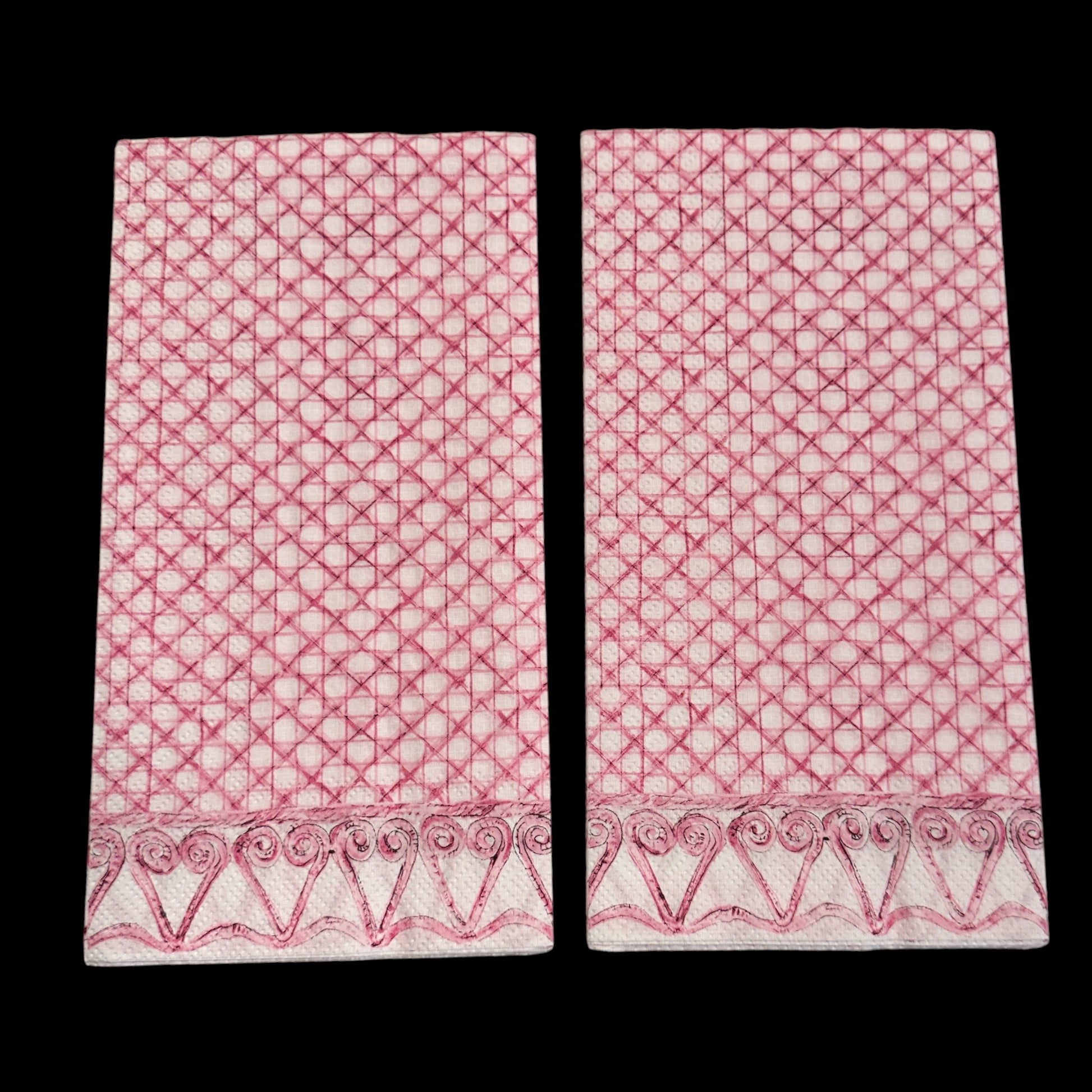 Two Guest size decoupage napkin featuring a pink woven cane lattice design with heart scroll border for modern botanical crafts and journals.