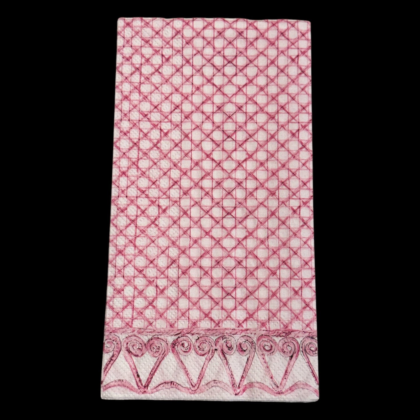 Guest size decoupage napkin featuring a pink woven cane lattice design with heart scroll border for modern botanical crafts and journals.