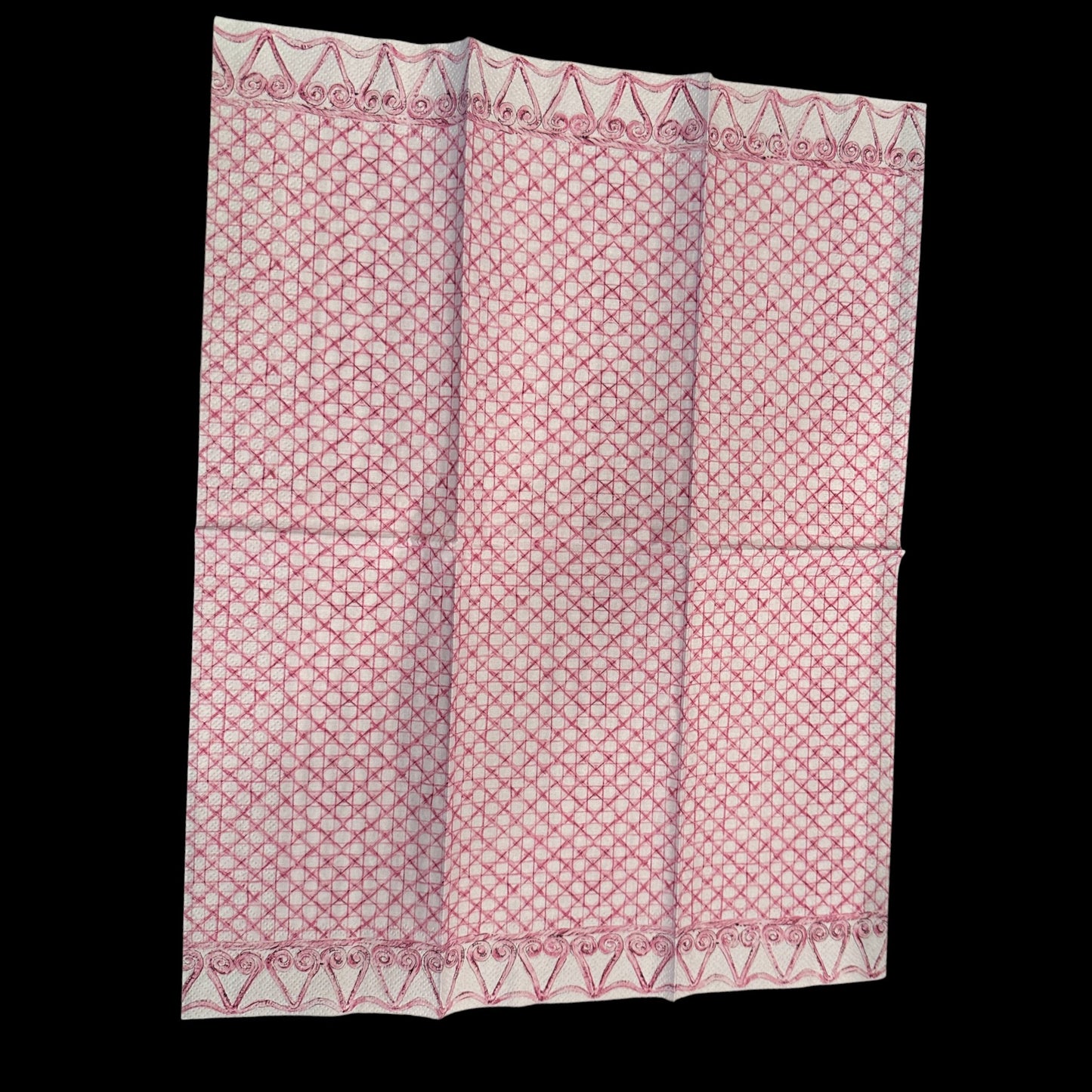 Unfolded Guest size decoupage napkin featuring a pink woven cane lattice design with heart scroll border for modern botanical crafts and journals.