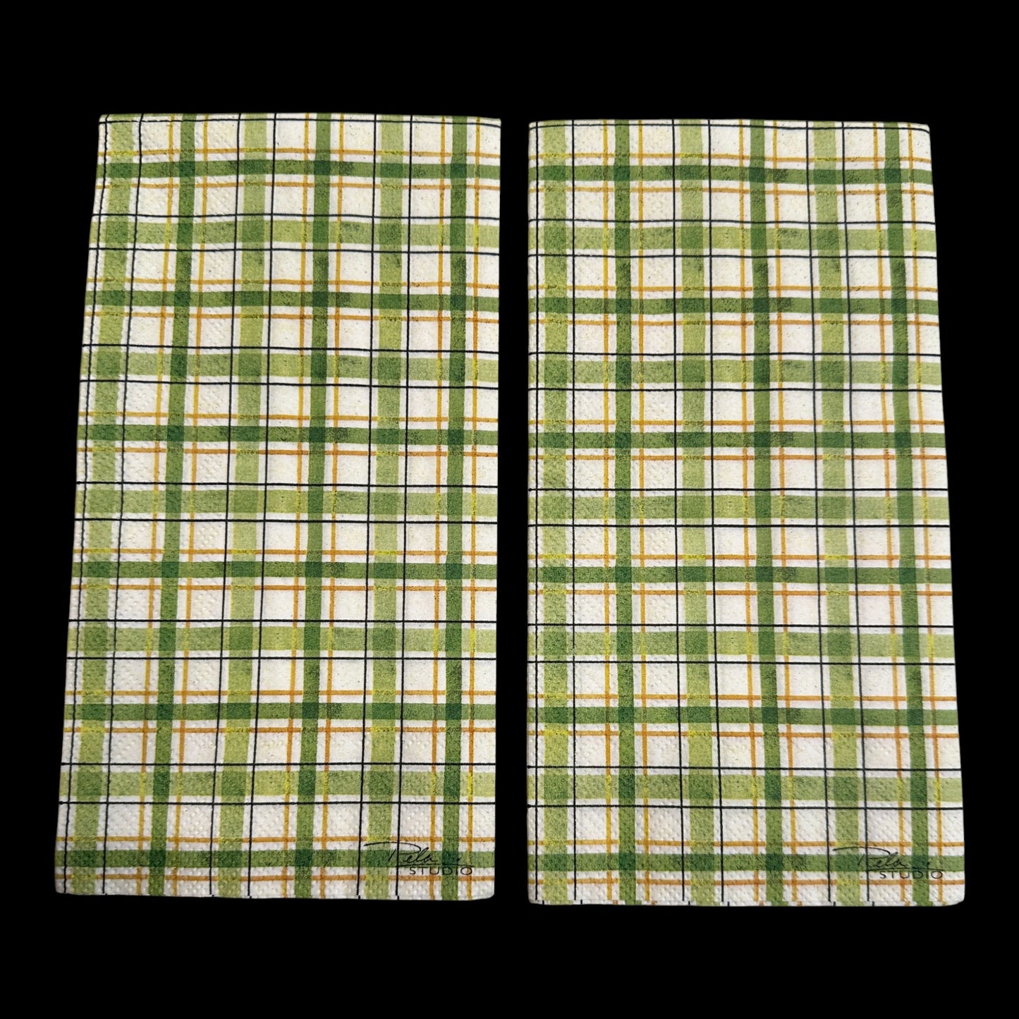 Two Guest size decoupage napkin featuring green, gold, and white plaid pattern—perfect for St. Patrick’s Day, spring crafts, and decoupage projects.