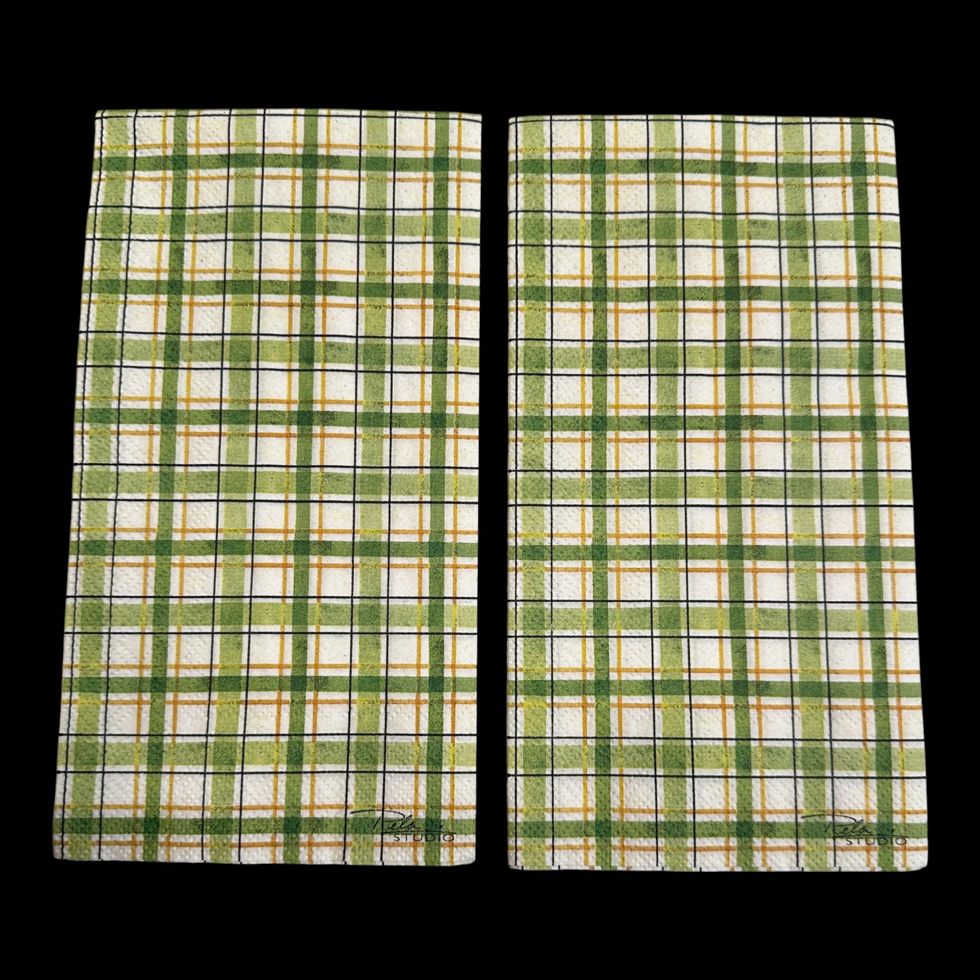 Two Guest size decoupage napkin featuring green, gold, and white plaid pattern—perfect for St. Patrick’s Day, spring crafts, and decoupage projects.