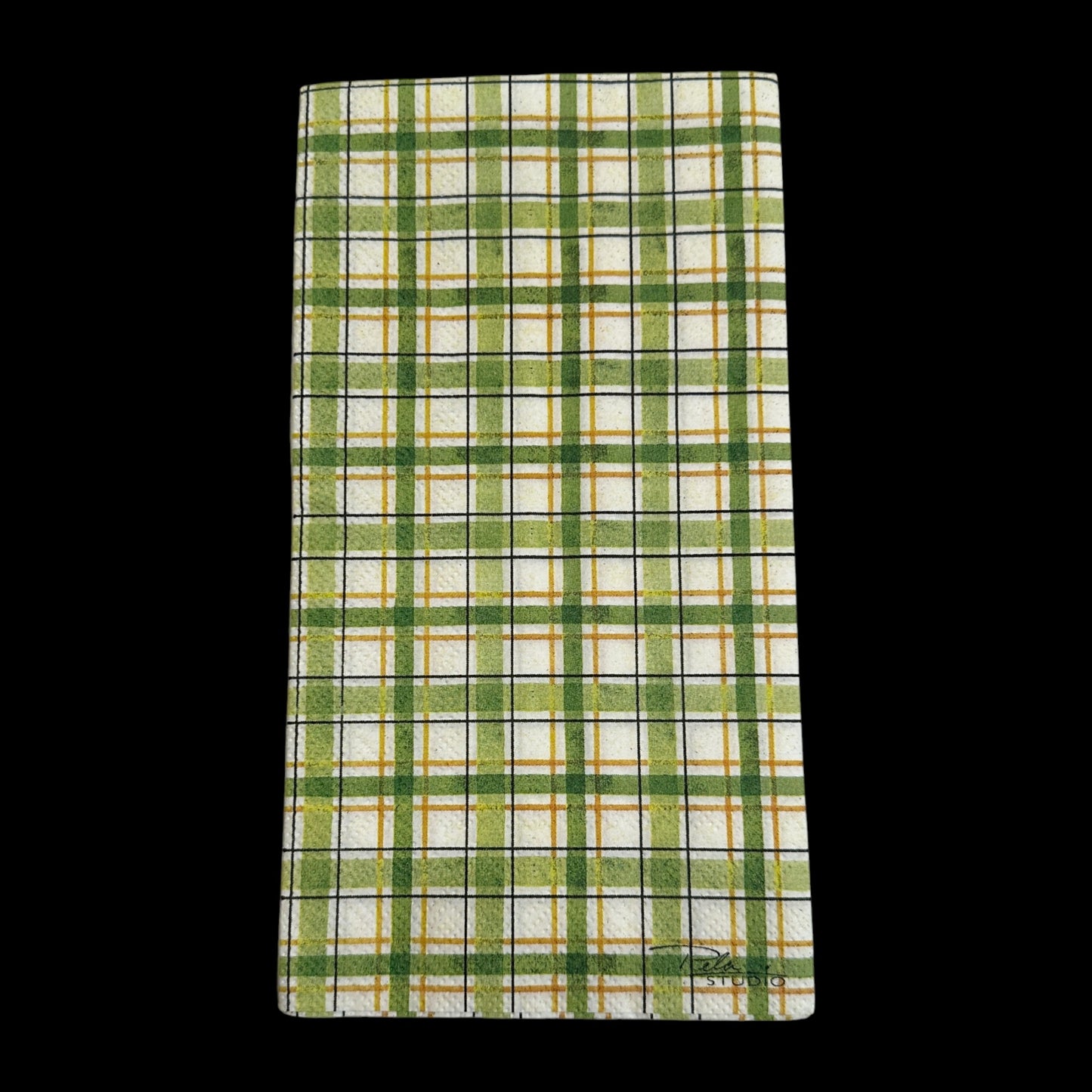 Guest size decoupage napkin featuring green, gold, and white plaid pattern—perfect for St. Patrick’s Day, spring crafts, and decoupage projects.