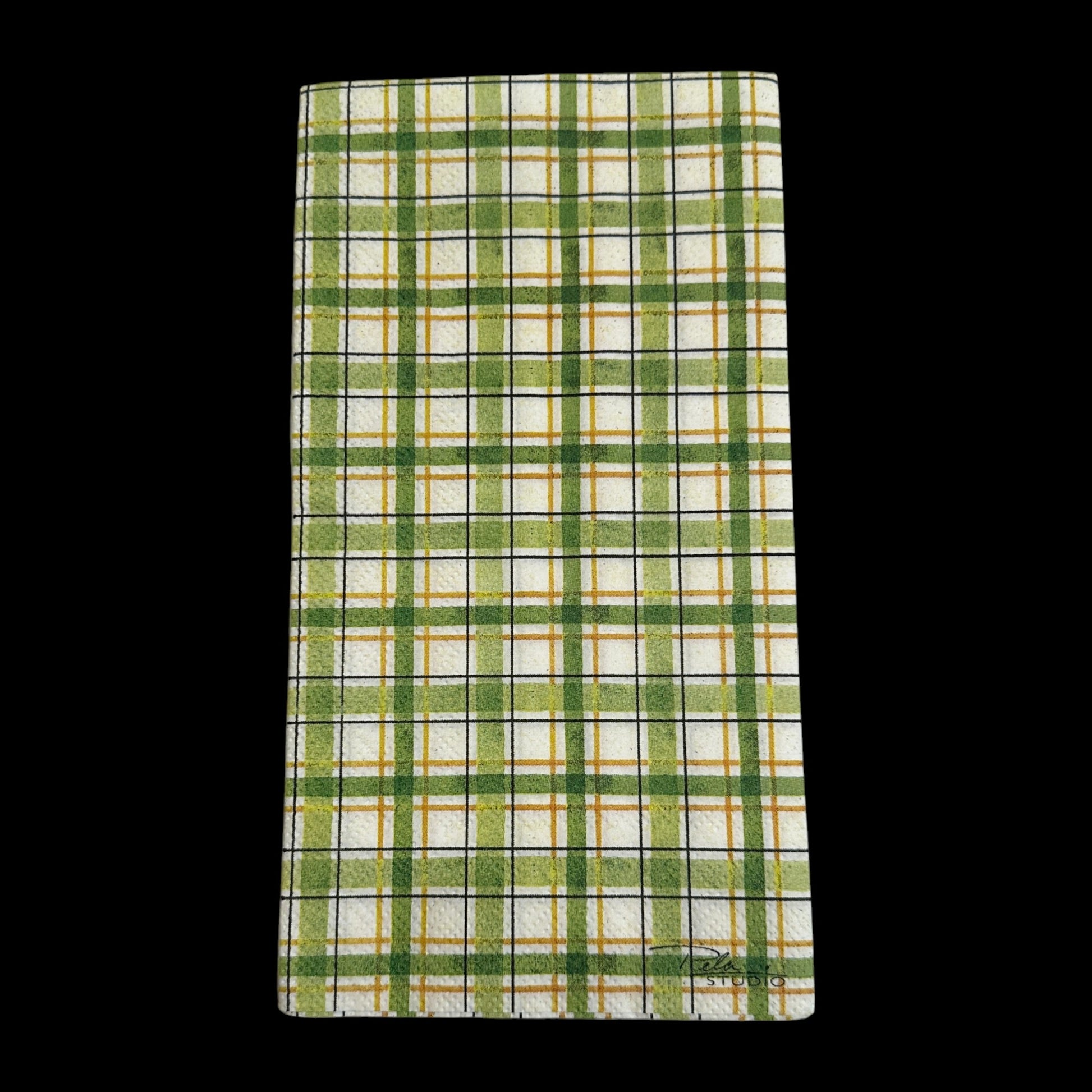 Guest size decoupage napkin featuring green, gold, and white plaid pattern—perfect for St. Patrick’s Day, spring crafts, and decoupage projects.