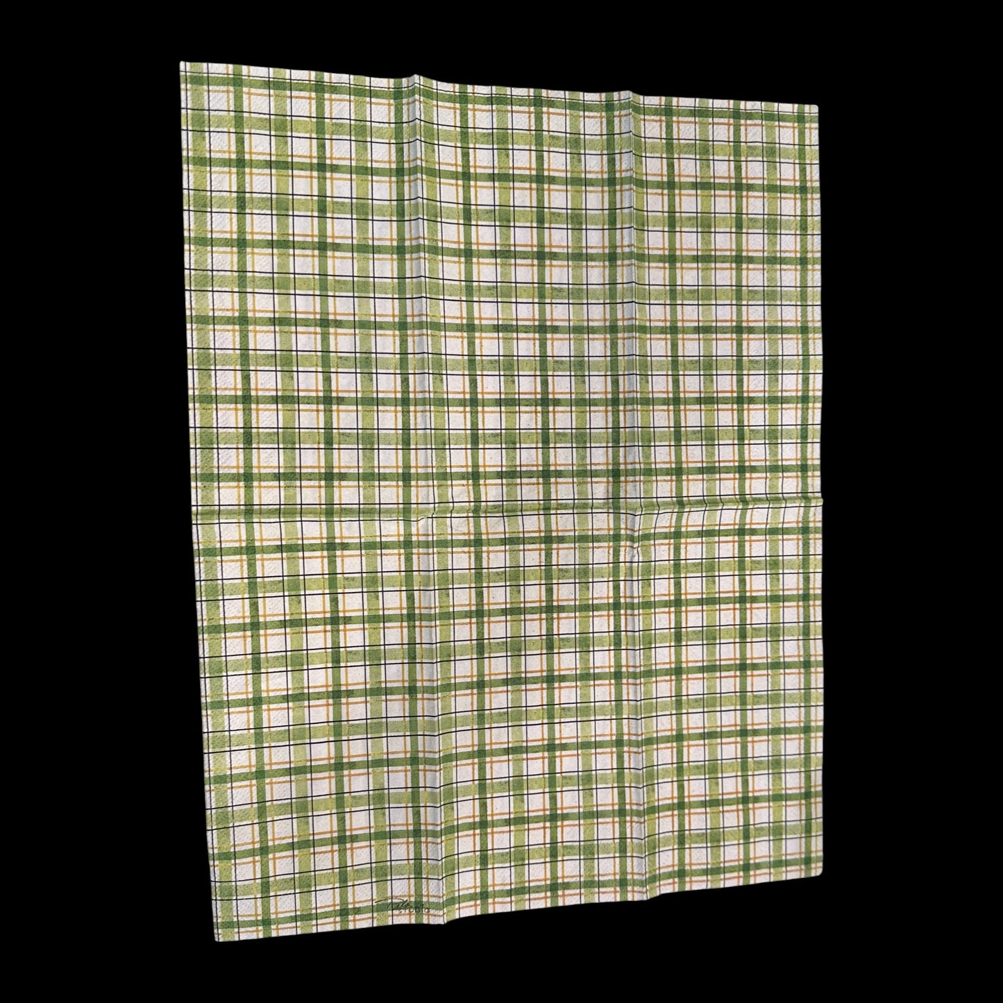 Unfolded Guest size decoupage napkin featuring green, gold, and white plaid pattern—perfect for St. Patrick’s Day, spring crafts, and decoupage projects.