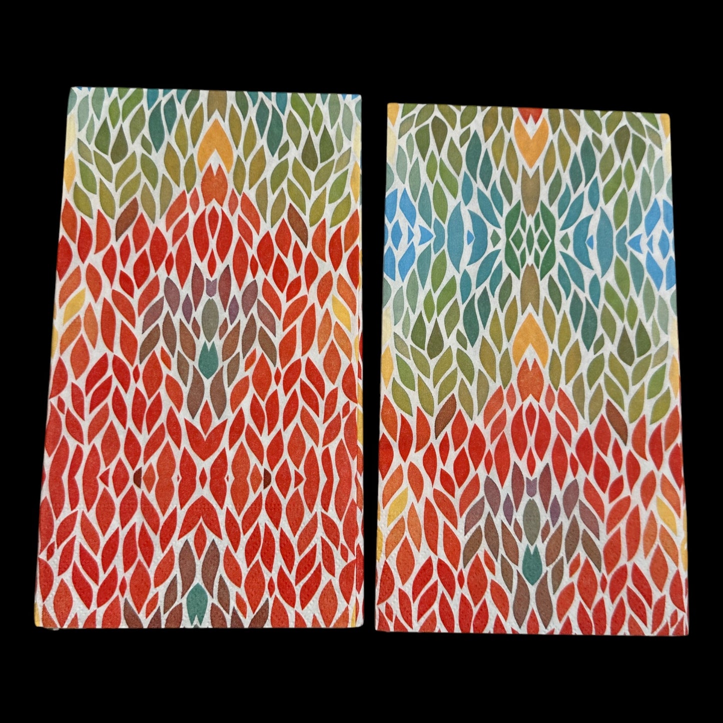 Two Guest size decoupage napkin featuring a rainbow mosaic leaf pattern in red, green, blue, and gold tones—perfect for colorful craft and art projects.