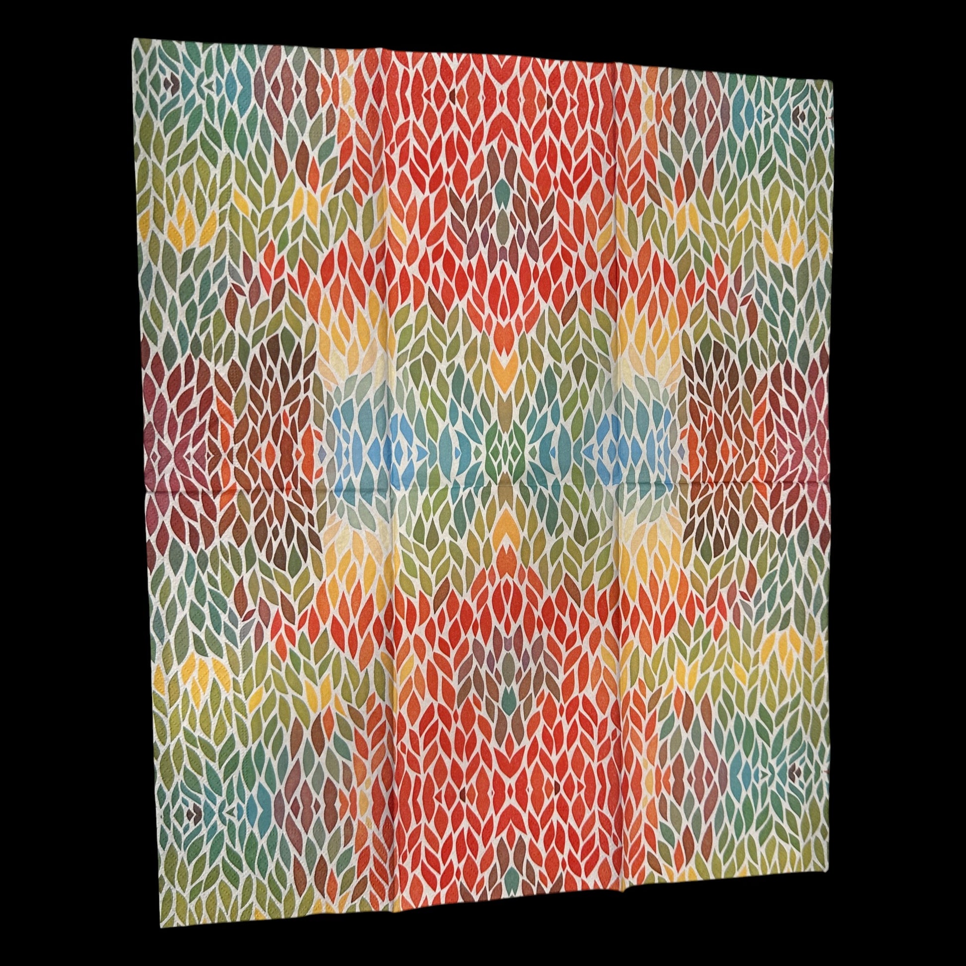 Unfolded Guest size decoupage napkin featuring a rainbow mosaic leaf pattern in red, green, blue, and gold tones—perfect for colorful craft and art projects.