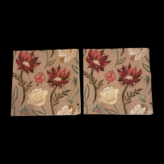 Two Cocktail size decoupage napkin with burgundy, cream, and gold flowers and greenery on a tan background, perfect for fall floral craft projects.
