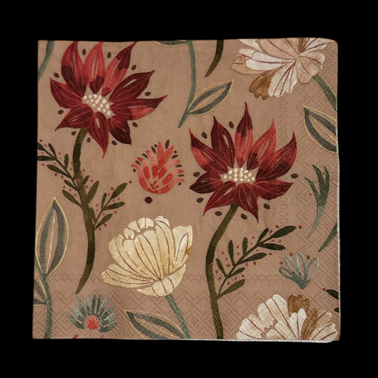Cocktail size decoupage napkin with burgundy, cream, and gold flowers and greenery on a tan background, perfect for fall floral craft projects.