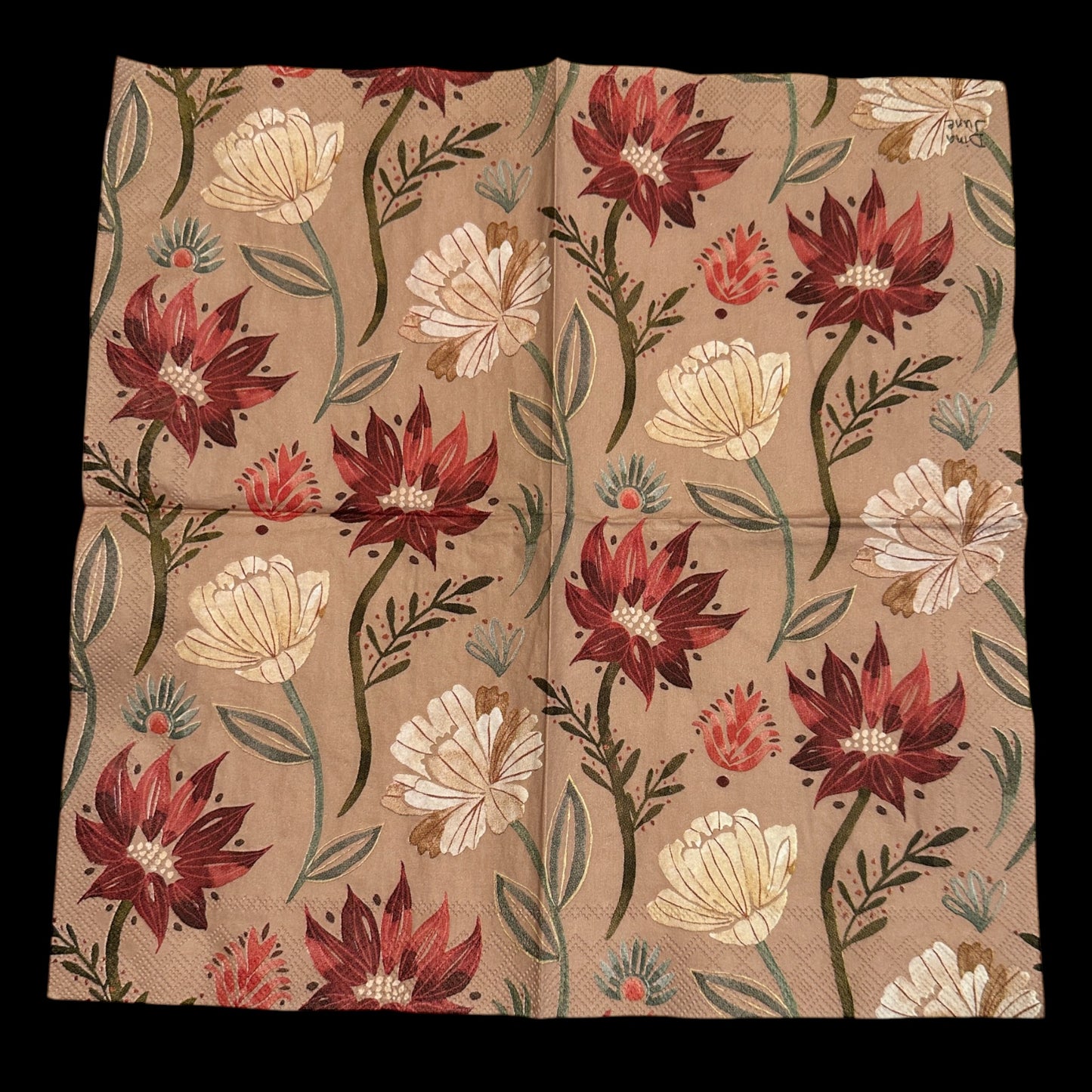 Unfolded Cocktail size decoupage napkin with burgundy, cream, and gold flowers and greenery on a tan background, perfect for fall floral craft projects.