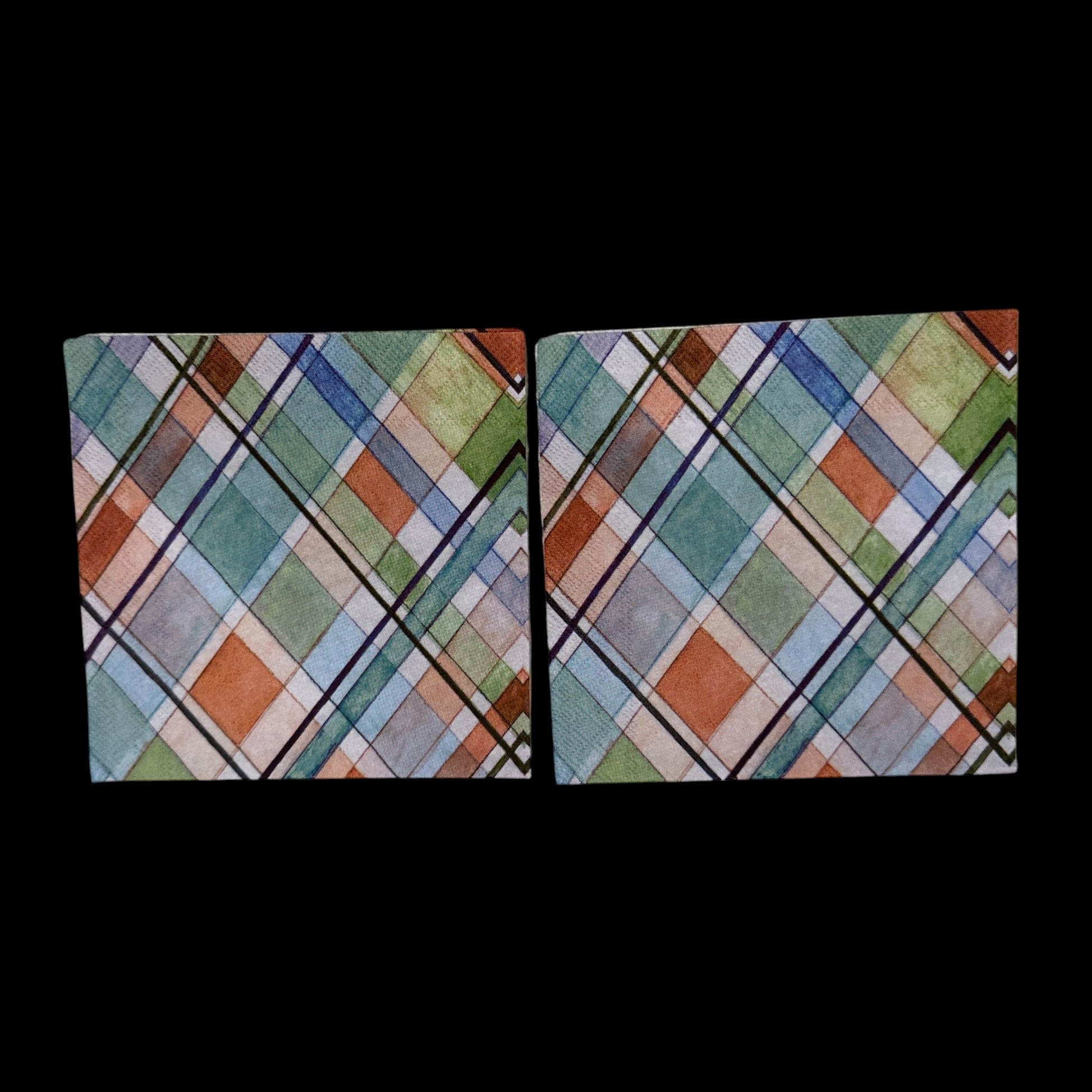 Two Cocktail size decoupage napkin featuring a madras plaid pattern in blue, green, and orange tones, ideal for summer crafts and tartan-themed projects.