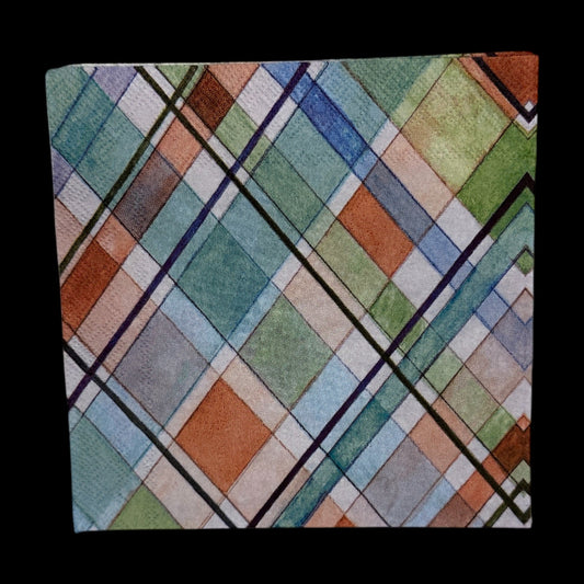 Cocktail size decoupage napkin featuring a watercolor madras plaid pattern in teal aqua coral sage green and navy on a white background set of 2