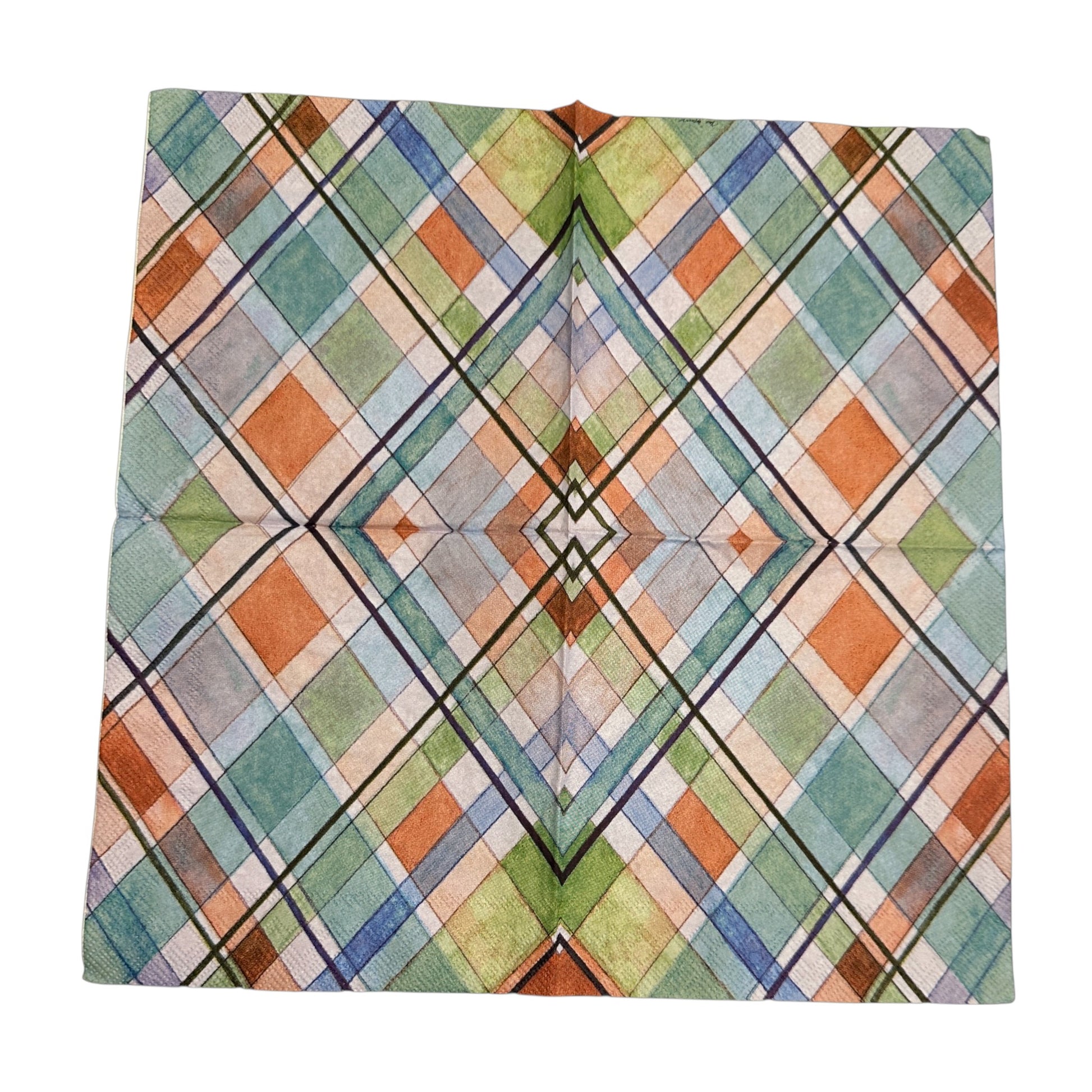 Open Cocktail size decoupage napkin featuring a madras plaid pattern in blue, green, and orange tones, ideal for summer crafts and tartan-themed projects.
