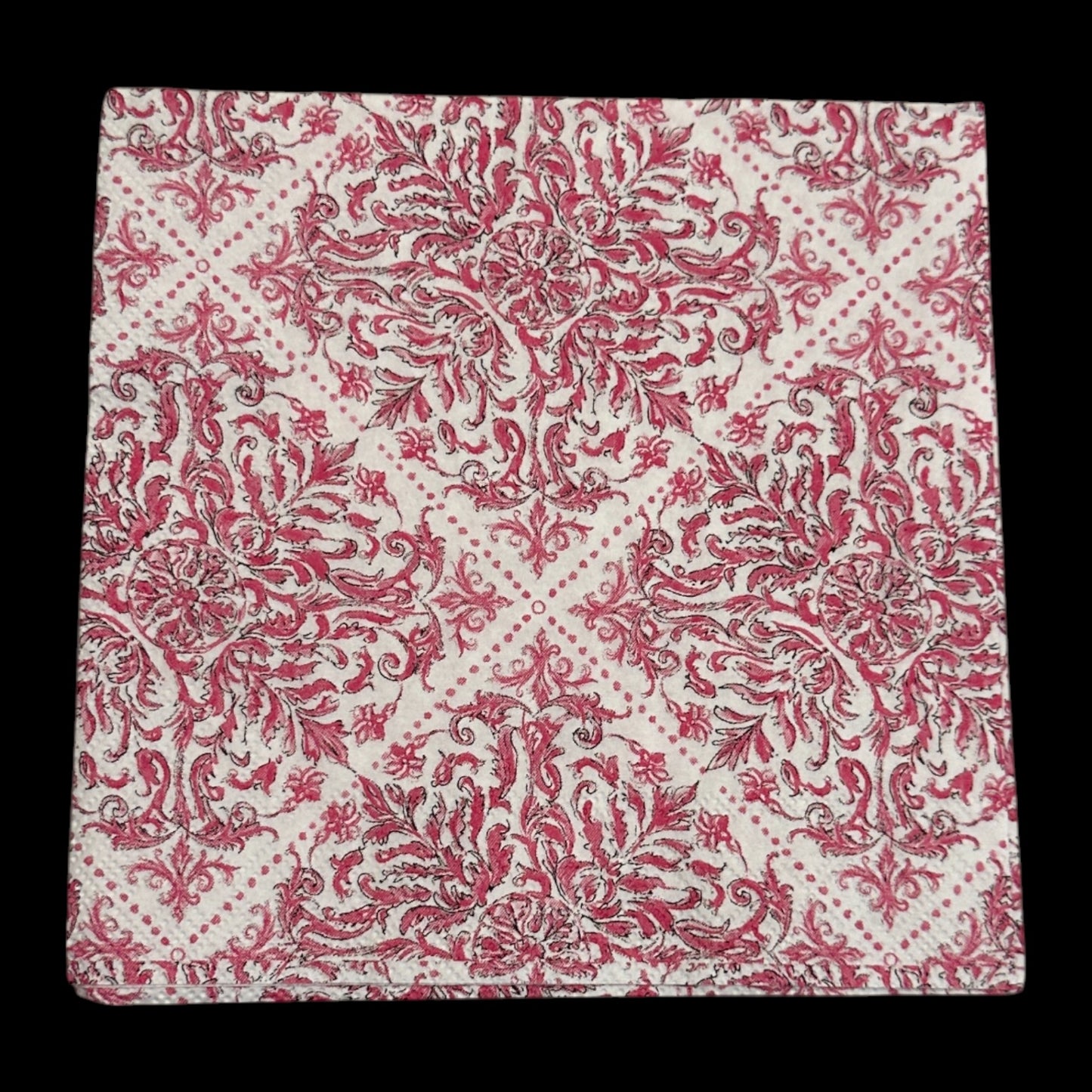 Pink and white damask-style decoupage napkin with an ornate floral scroll pattern arranged in a repeating diamond design on a cream background.