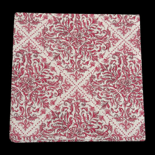 Pink and white damask-style decoupage napkin with an ornate floral scroll pattern arranged in a repeating diamond design on a cream background.