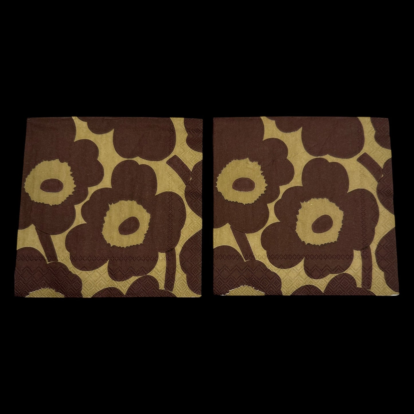 Two Cocktail size decoupage napkin featuring bold brown floral pattern on golden linen background, ideal for fall crafts, journaling, and decoupage art.