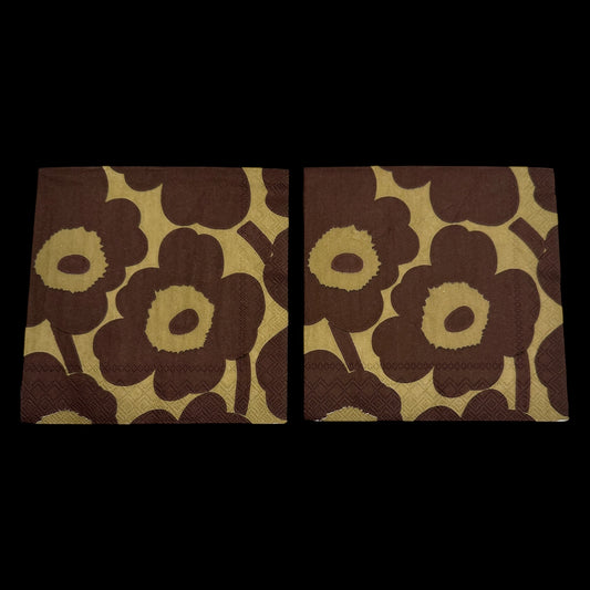 Cocktail size decoupage napkin featuring bold oversized graphic poppy blooms in deep rich bordeaux burgundy on a warm golden tan linen background in a striking Scandinavian modernist pattern set of 2