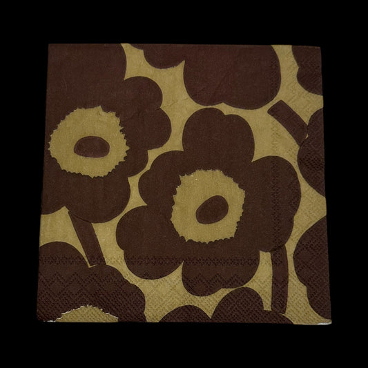 Cocktail size decoupage napkin featuring bold brown floral pattern on golden linen background, ideal for fall crafts, journaling, and decoupage art.