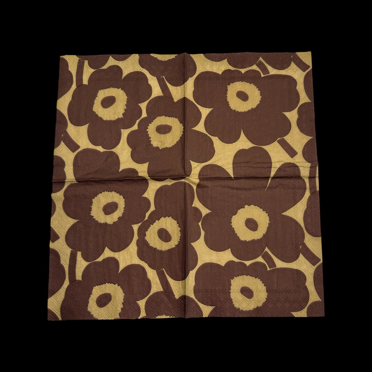 Open Cocktail size decoupage napkin featuring bold brown floral pattern on golden linen background, ideal for fall crafts, journaling, and decoupage art.