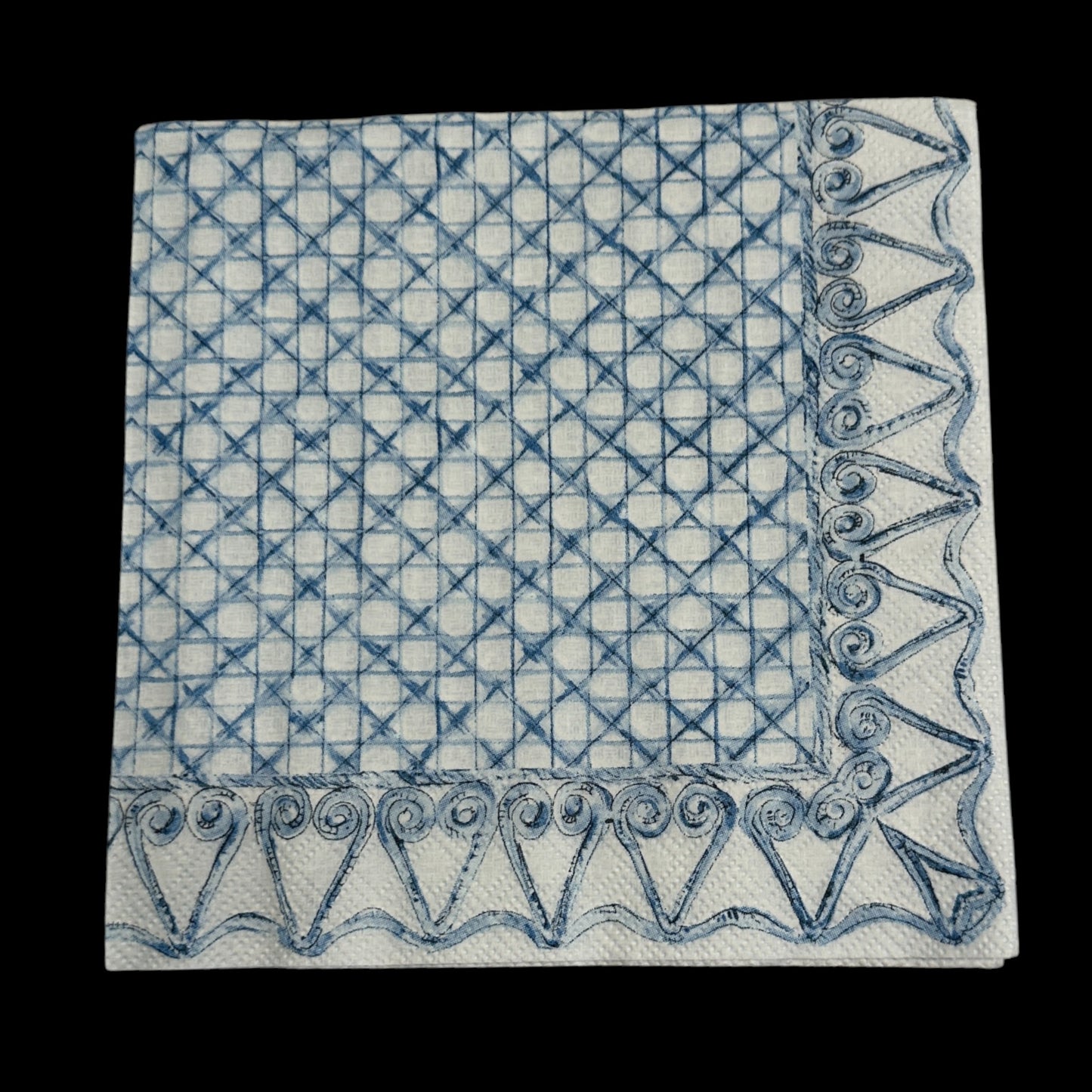 Blue lattice and swirl border paper napkin for ephemera, scrapbooking, card making, collage, and decoupage craft projects.
