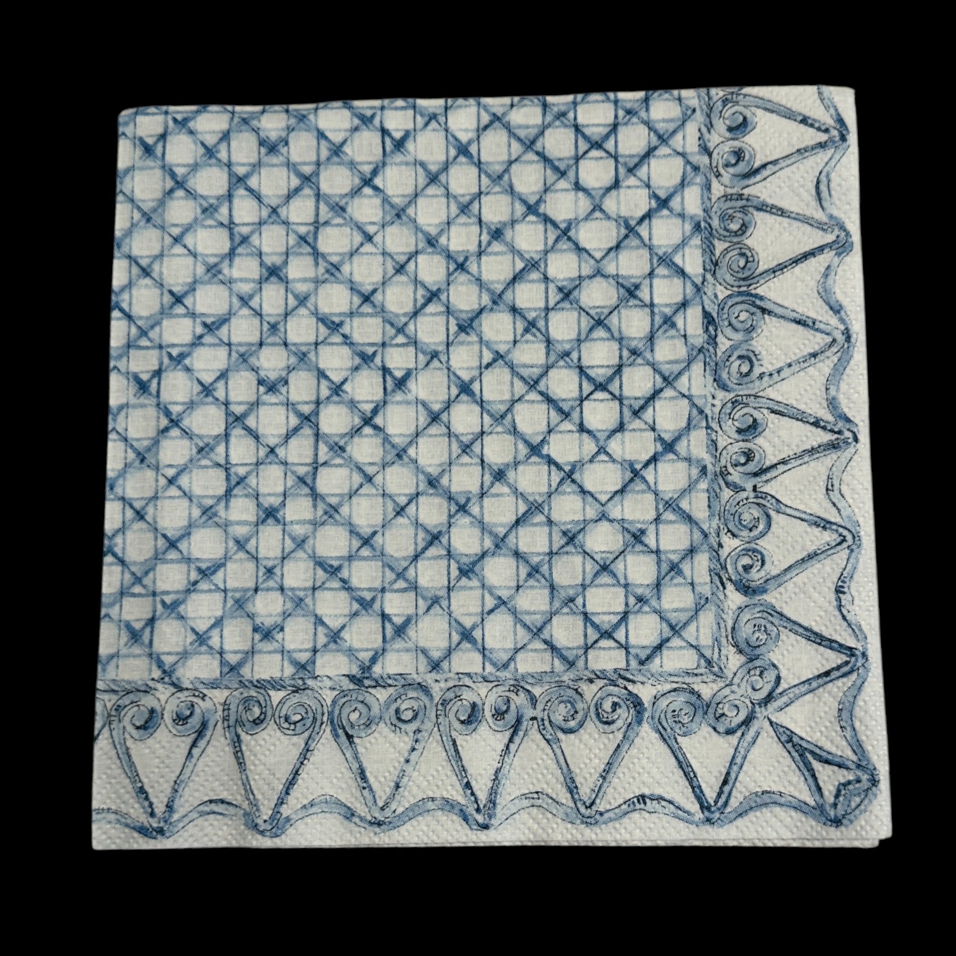 Blue lattice and swirl border paper napkin for ephemera, scrapbooking, card making, collage, and decoupage craft projects.