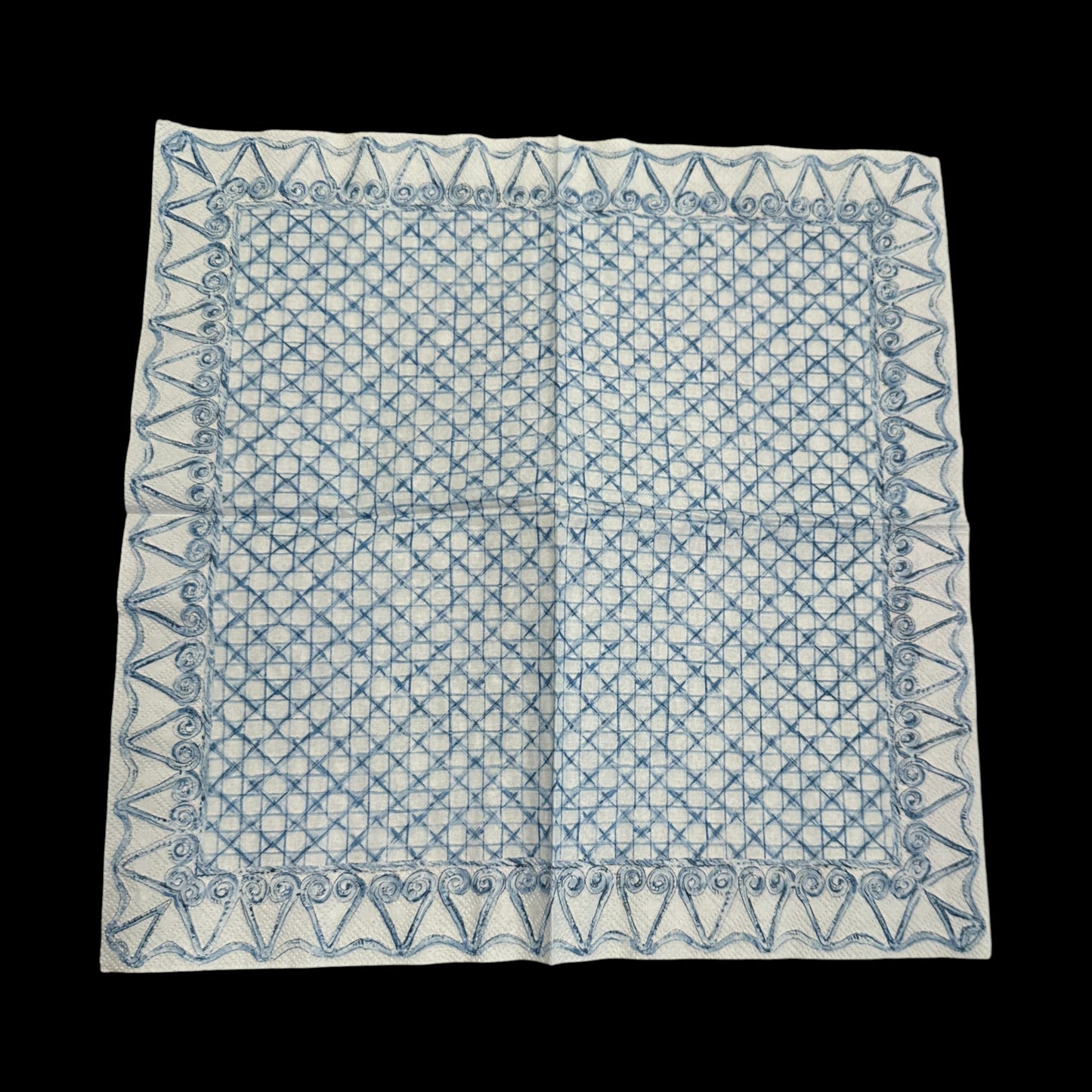 Open Blue lattice and swirl border paper napkin for ephemera, scrapbooking, card making, collage, and decoupage craft projects.