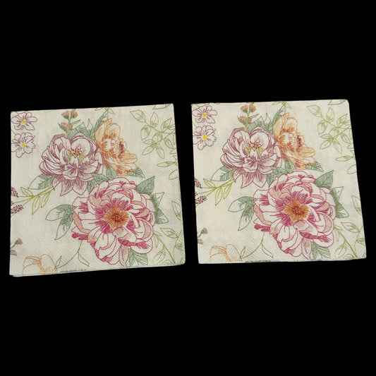Two cocktail size decoupage napkins featuring a detailed botanical sketch style peony in deep raspberry and blush pink with a peach poppy and delicate scattered florals on a warm cream background set of 2
