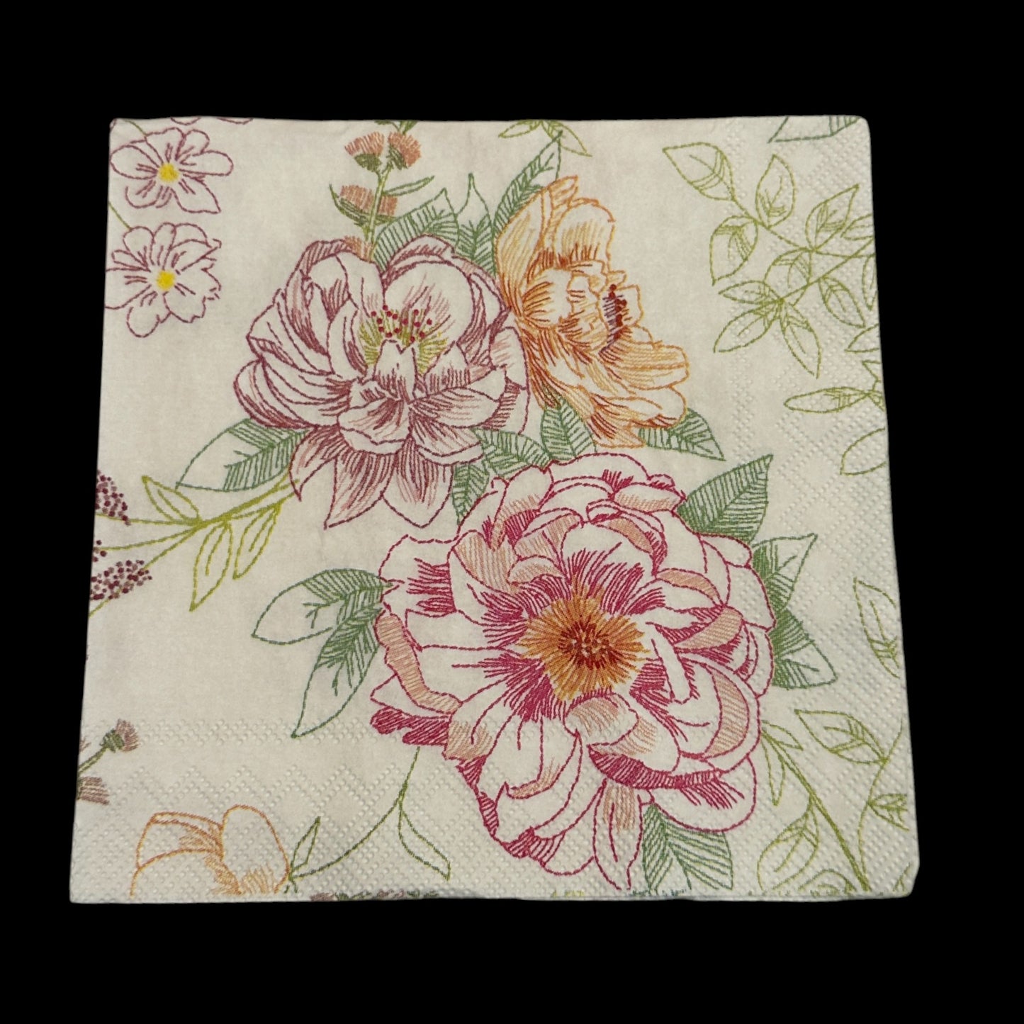 Cocktail size decoupage napkin with pink and orange peony flowers, green leaves, and botanical line art on a cream background for floral craft projects.