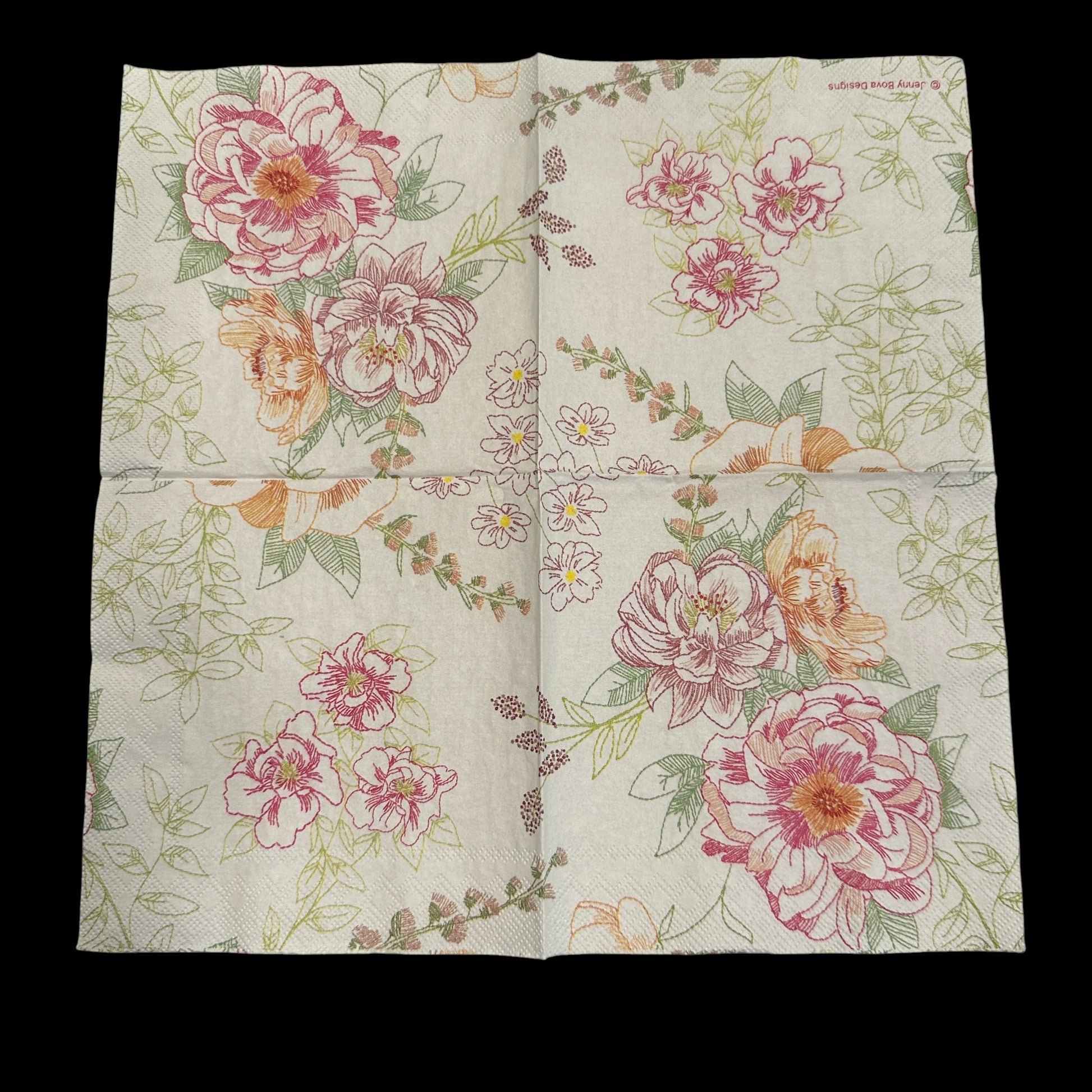 Open Cocktail size decoupage napkin with pink and orange peony flowers, green leaves, and botanical line art on a cream background for floral craft projects.