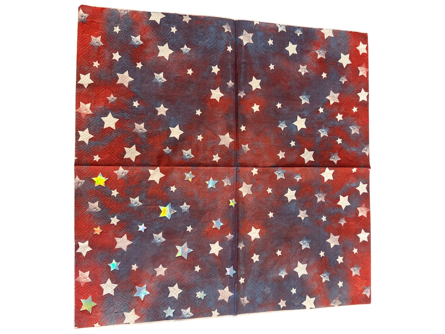 Holographic Silver Star Burst Cocktail Decoupage Paper Napkins – Patriotic Red Navy Americana | Set of 2