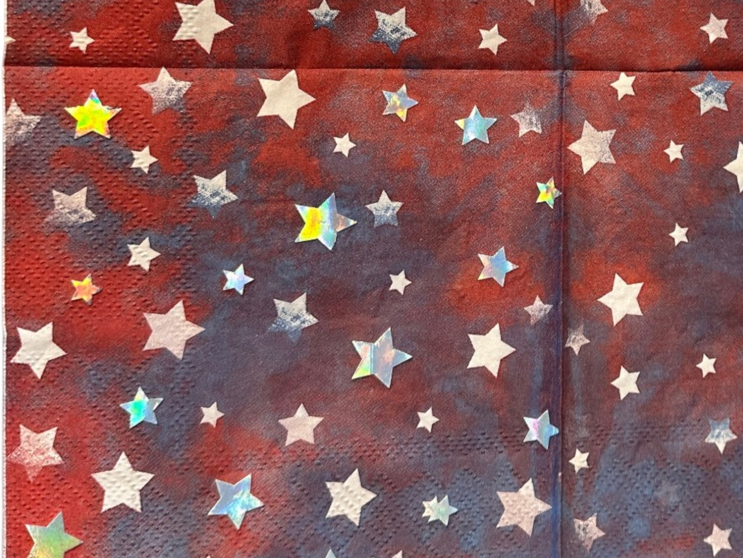 Holographic Silver Star Burst Cocktail Decoupage Paper Napkins – Patriotic Red Navy Americana | Set of 2