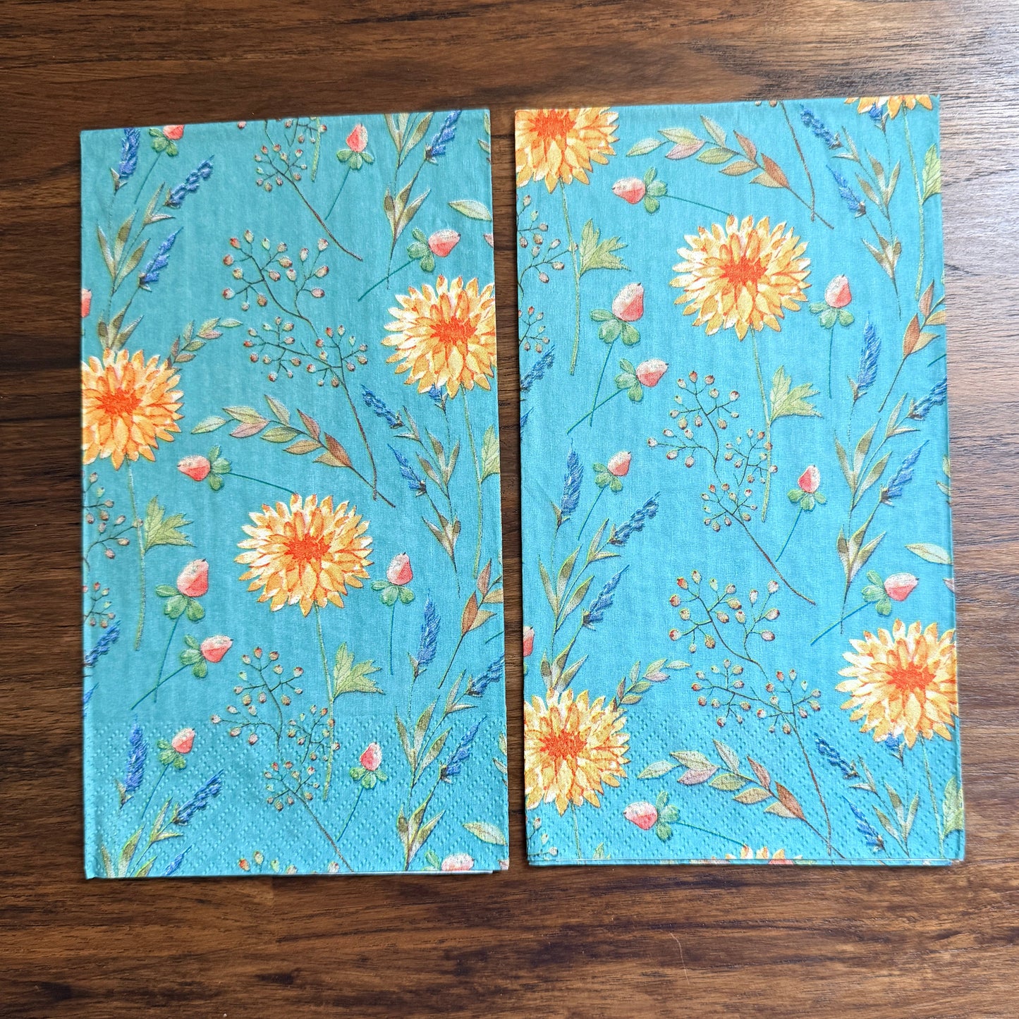 Yellow Floral Garden Guest Decoupage Napkins – Blue and Pink Wildflowers Paper Napkins, Set of 2