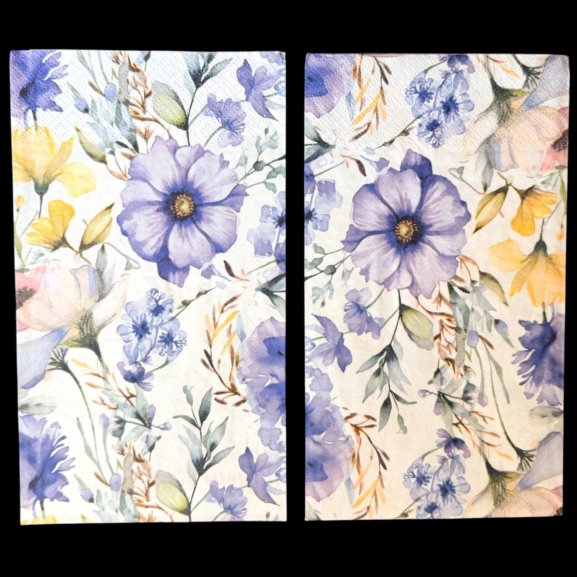 Loblolly Girl Purple Posy guest napkins feature a watercolor floral design with purple, lavender, yellow blooms and greenery on a white background.