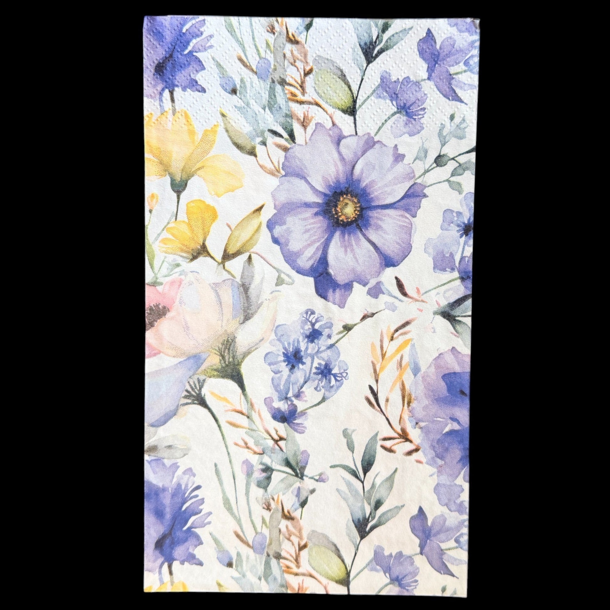 Loblolly Girl Purple Posy watercolor floral decoupage napkins, set of 2, featuring purple, lavender, yellow, and pink blooms.